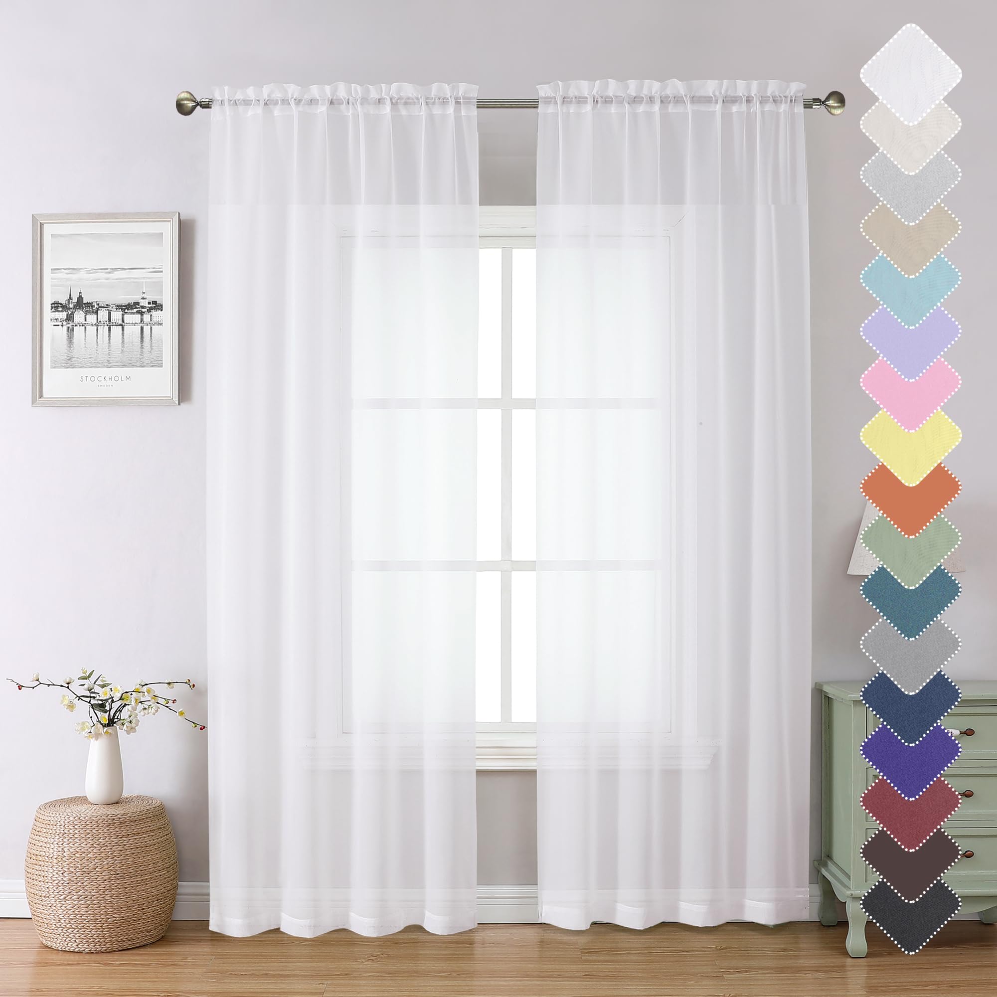 Lecloud White Sheer Curtains 84 Inches Long 2 Panels, Airy Solid Voile Window Curtain Drapes, Light Filtering Elegant Window Treatments for Bedroom Living Room with Rod Pocket, 40" W x 84" L