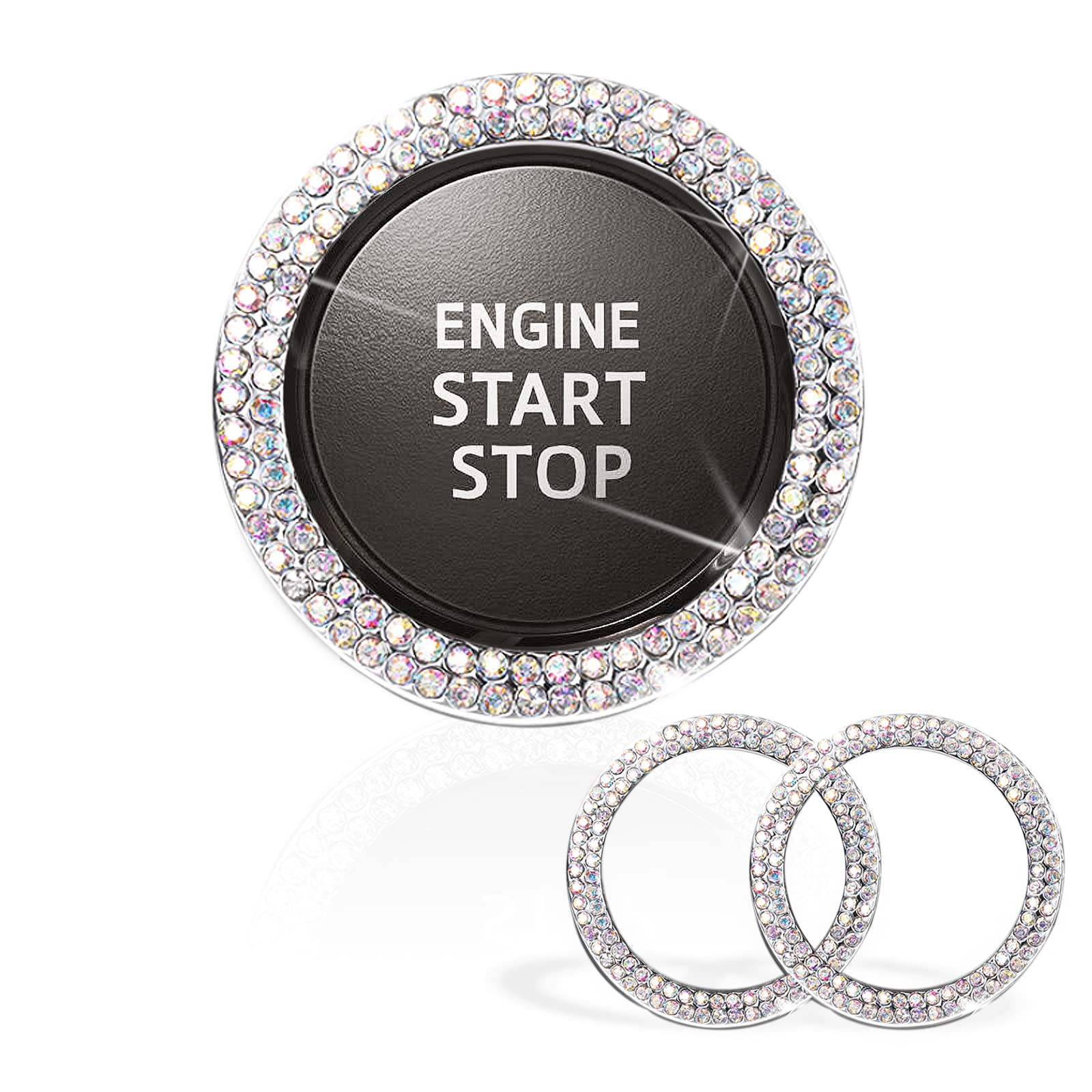 2 Pack Bling Ring Car Sticker, Automobile Crystal Rhinestone Interior Decoration Engine Push to Start Button Ignition Starter Bling Ring for Women Girl (Mix Color)