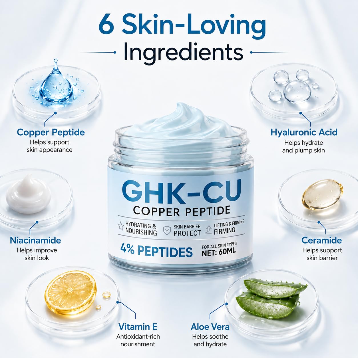 GHK-Cu Copper Peptides Cream for Face, GHK Cu Copper Peptide Serum for Face, 2400mg Concentrated 4% Bioactive Formula Anti-Aging Cream for Wrinkles for Neck 2.1Fl.Oz