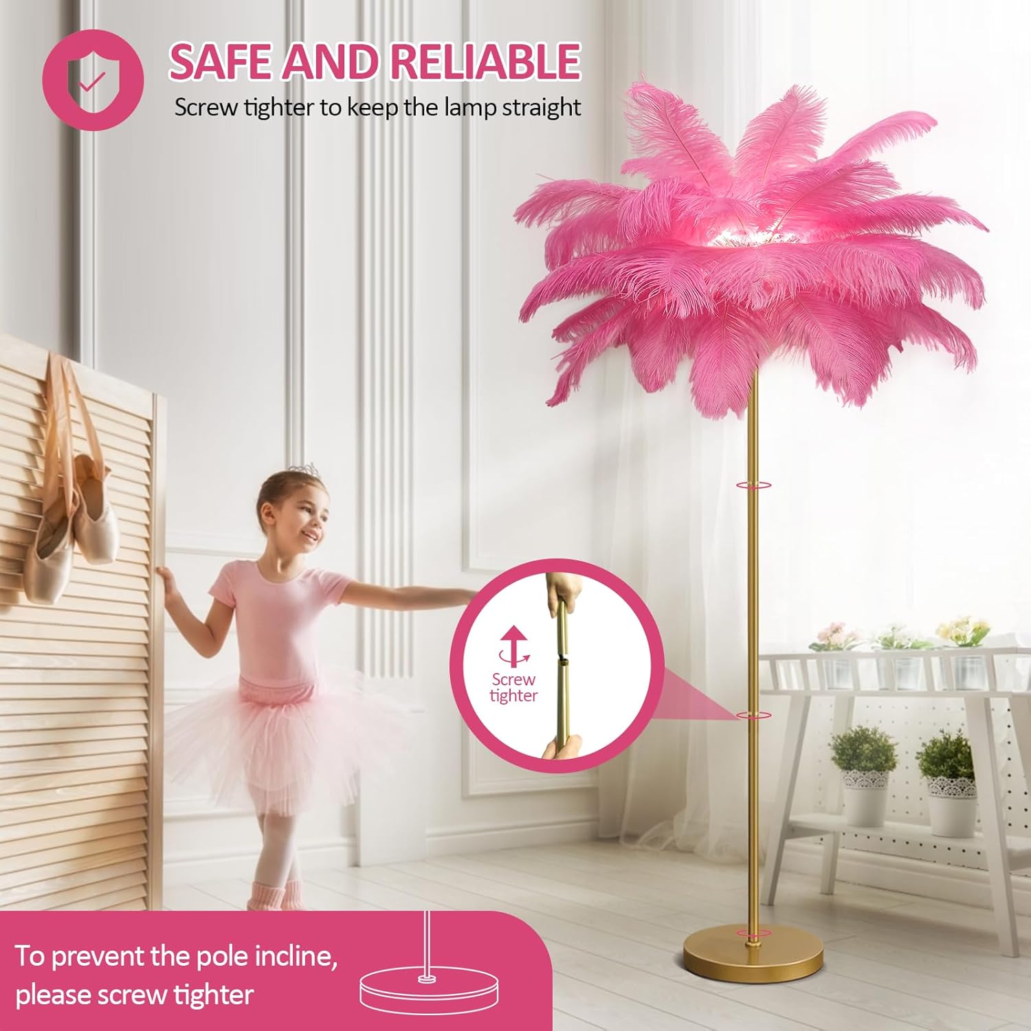 Feather Lamp, Ostrich Feather Floor Lamp for Living Room,160cm Natural Ostrich Feather Standing lamp,Simple Modern Bedroom Floor Lamp Golden Lamp Body,Dimmable with Foot Switch (Pink)