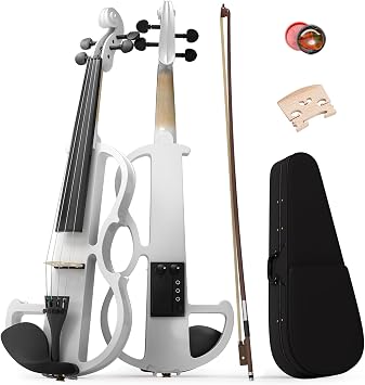 Electric Violin 4/4 Kit,Full Size Beginner Violin for Adults,Students,with Case,Bow, Headphones,and Connecting Line,White