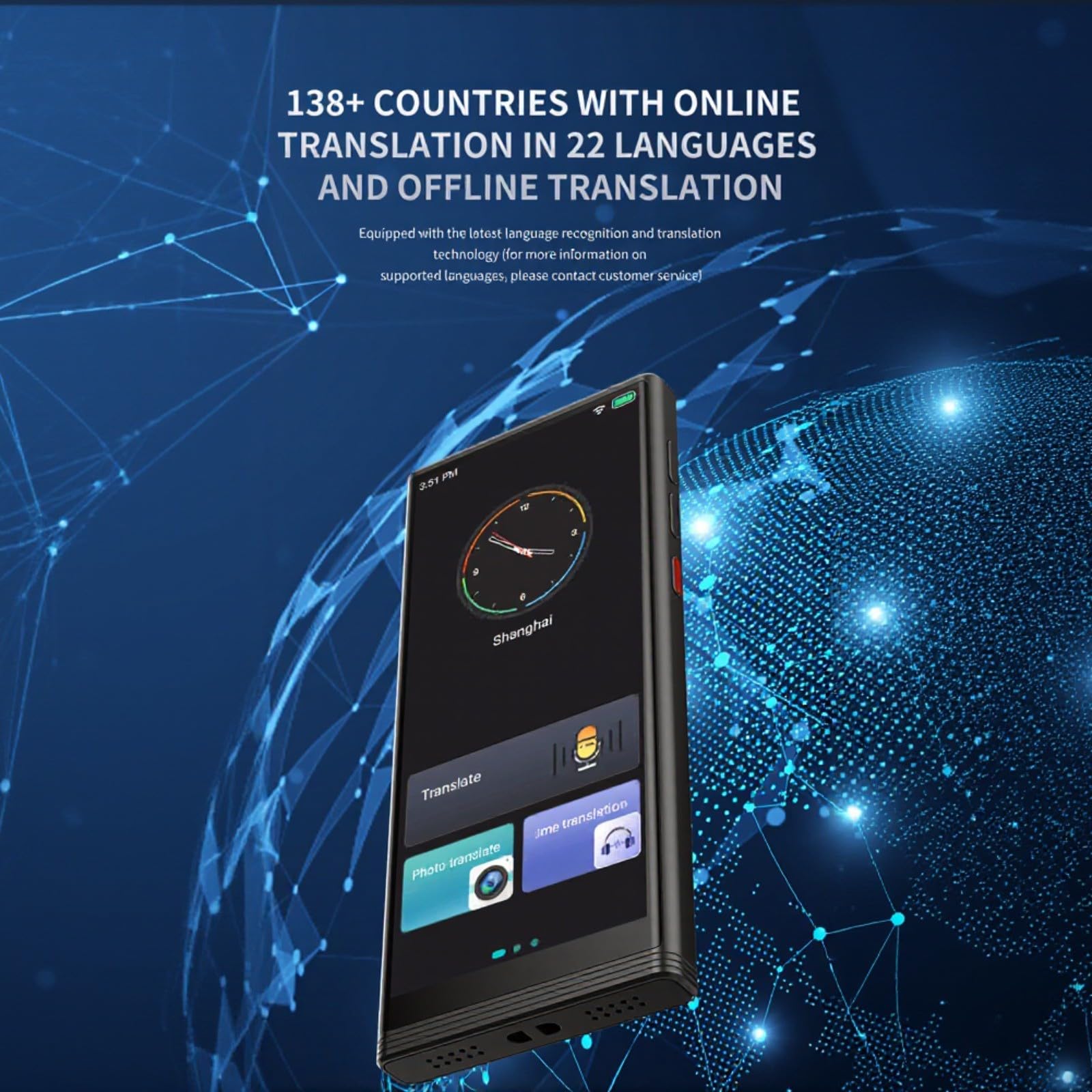 Traduttore vocale con interpretazione simultanea, display da 4,82 pollici, 7 giorni in standby, supporto multilingue