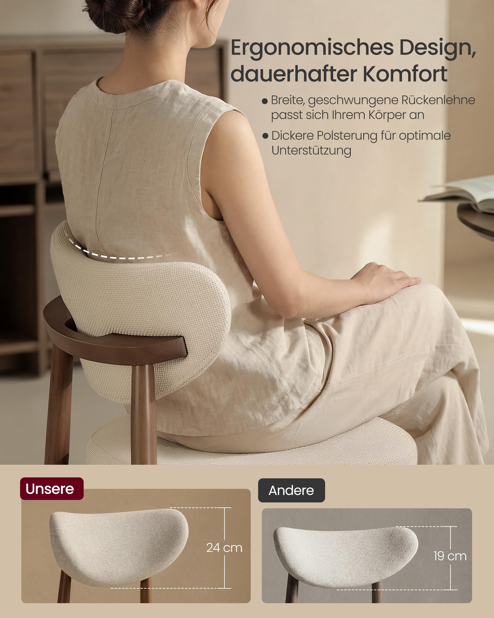 VASAGLE Esszimmerstuhl 6er Set, Küchenstuhl, Polsterstuhl mit Massivholzbeinen, ergonomische Rückenlehne, Aussparung als Griff, Mid-Century-Modern-Stil, Küche, cappuccinobeige KDC668L101-3J