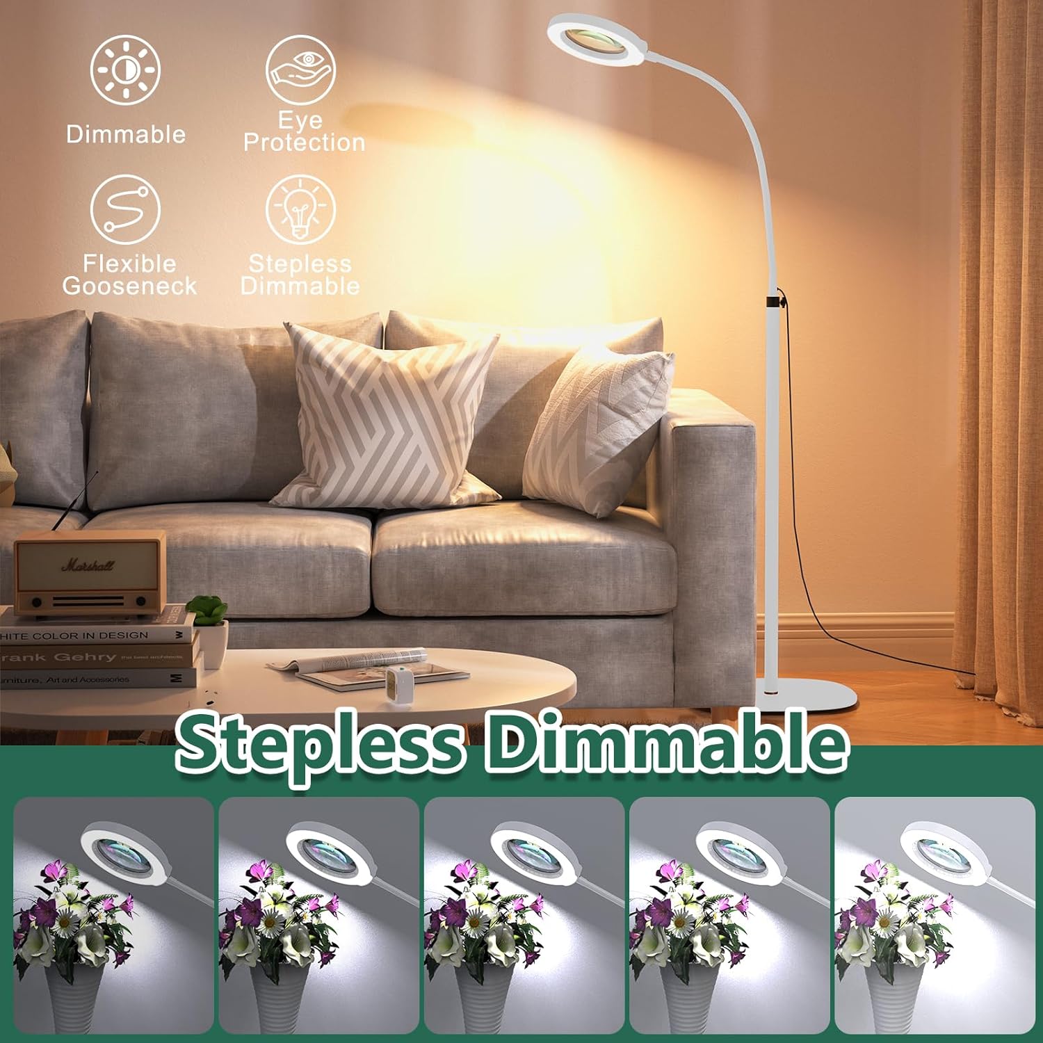 10X Magnifying Glass with Light and Stand, Optical Grade Real Glass Lens, 5 Color Modes, Stepless Dimmable, 24" Flexible Gooseneck 3-in-1 Floor Lamp, LED Lighted Magnifier Hands Free for Craft - White