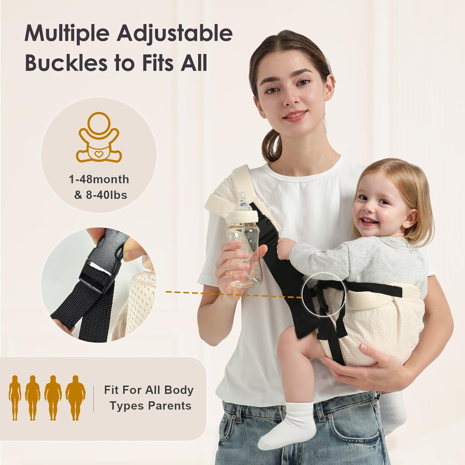 MISSWISDOM Toddler Sling Carrier, Adjustable Baby Carrier Sling 8-40 lbs, Lightweight Toddler Carrier Baby Sling Carrier, Toddler Hip Carriers One Size Fits All, Beige Mesh