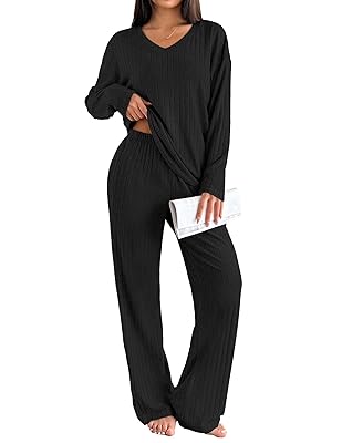 Ekouaer Lounge Sets for Women Long Sleeve Knit Ribbed Pajama Sets 2 Piece Casual Loungewear with Pockets