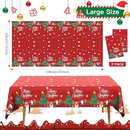 Miniatura 2 de Mantel de Navidad, 2 manteles desechables de plástico rojo, 54 x 108 pulgadas, mantel de decoración de Navidad de árbol de Navidad, muñeco de nieve