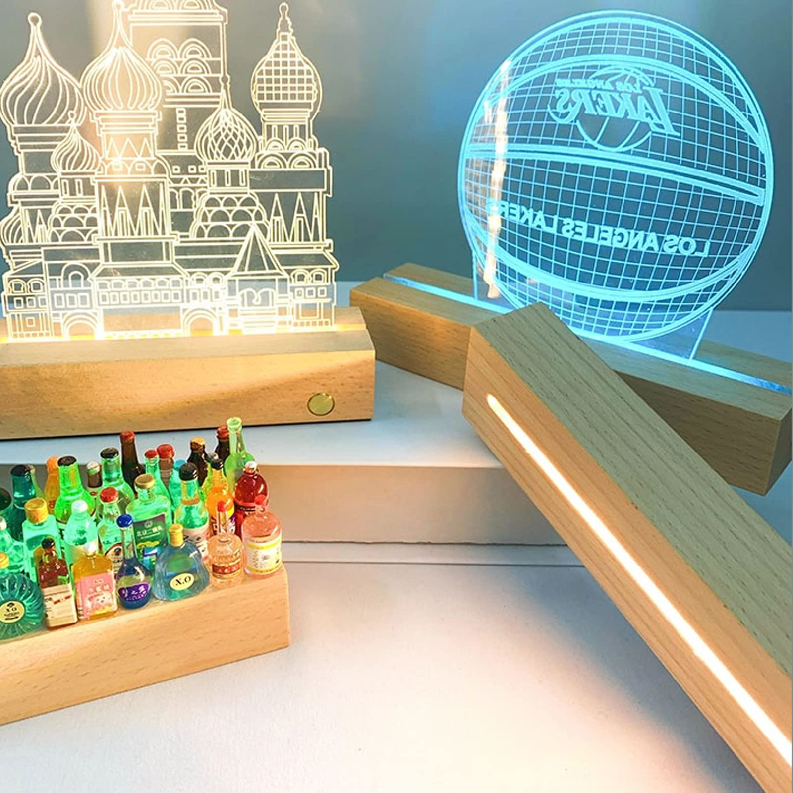Vegena 2 basi per display a LED, base in legno con luce a LED, base rettangolare in legno con USB per piastra in acrilico, piastra in vetro (24 cm di lunghezza, bianco caldo)