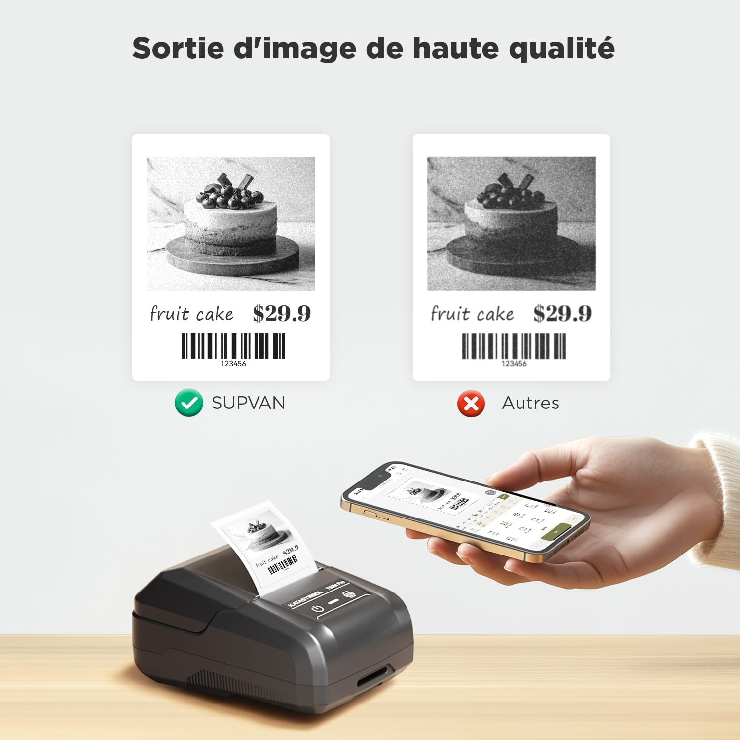 Comparison of print quality, highlighting the high-quality image output of the SUPVAN label maker versus other printers.