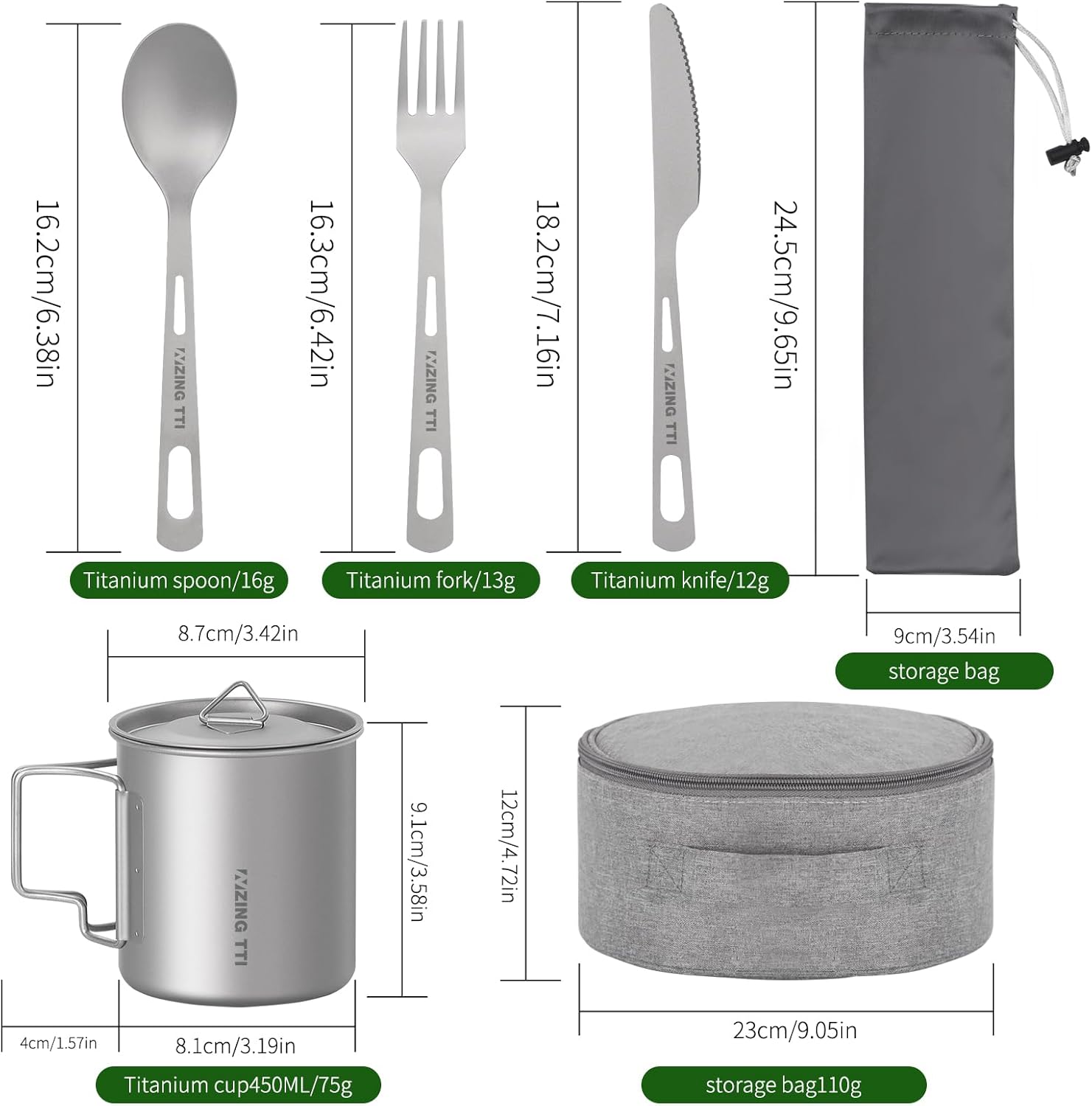 Titanium Dinnerware Set, 8-Piece Camping Dinnerware Kit, Titanium Bowl, Plate, Cup, Fork, Spoon, and Napkin, Includes Storage Bag, for Backpacking, Camping, Hiking, and Picnics