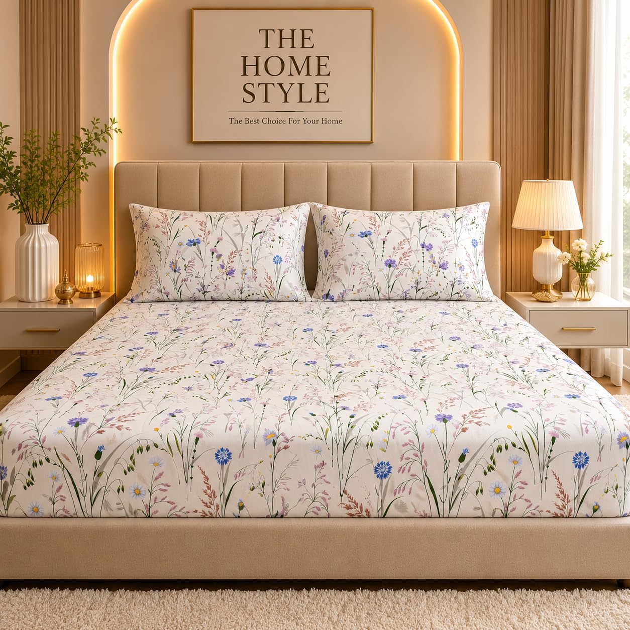 THE HOME STYLE Cotton Feel Glace Cotton Elastic Fitted Printed King Size Double Bed Bedsheet with 2 Pillow Cover Fits Upto 8 Inches Mattress, 300TC (72"x78", Ivory Wildflower)