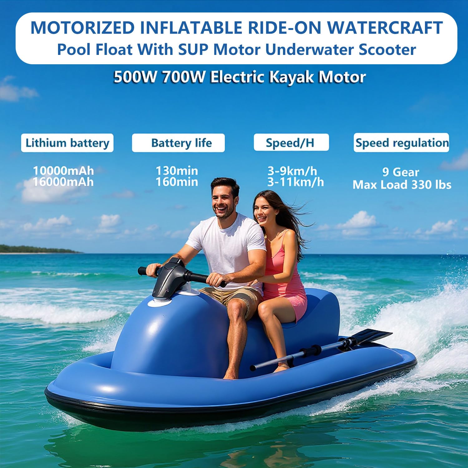 Bateau Gonflable électrique pour 1 à 3 Personnes, Jet Ski Gonflable avec propulseur sous-Marin Amovible, 10 000 mAh/16 000 mAh (en Option), capacité de 150 kg.,500W10A