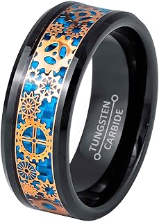 Black IP 8mm Beveled Edge Rose Gold Steampunk Gear Over Blue Carbon Fiber Inlay Wedding Band Comfort Fit - Mens Tungsten Carbide Ring