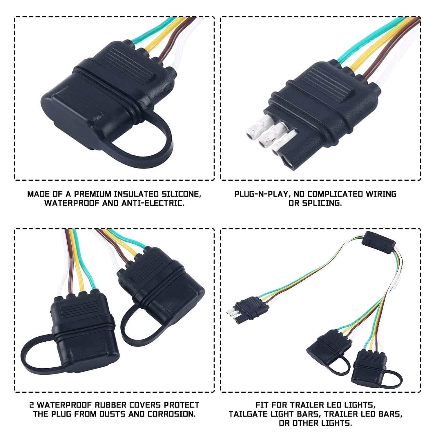 YaeCCC Universal 4 Way Y-Splitter Plug for Tailgate Light Bar and Trailer Lights Plug and Play Adapter Extension Harness Wiring Plug 4 Pin Connectors