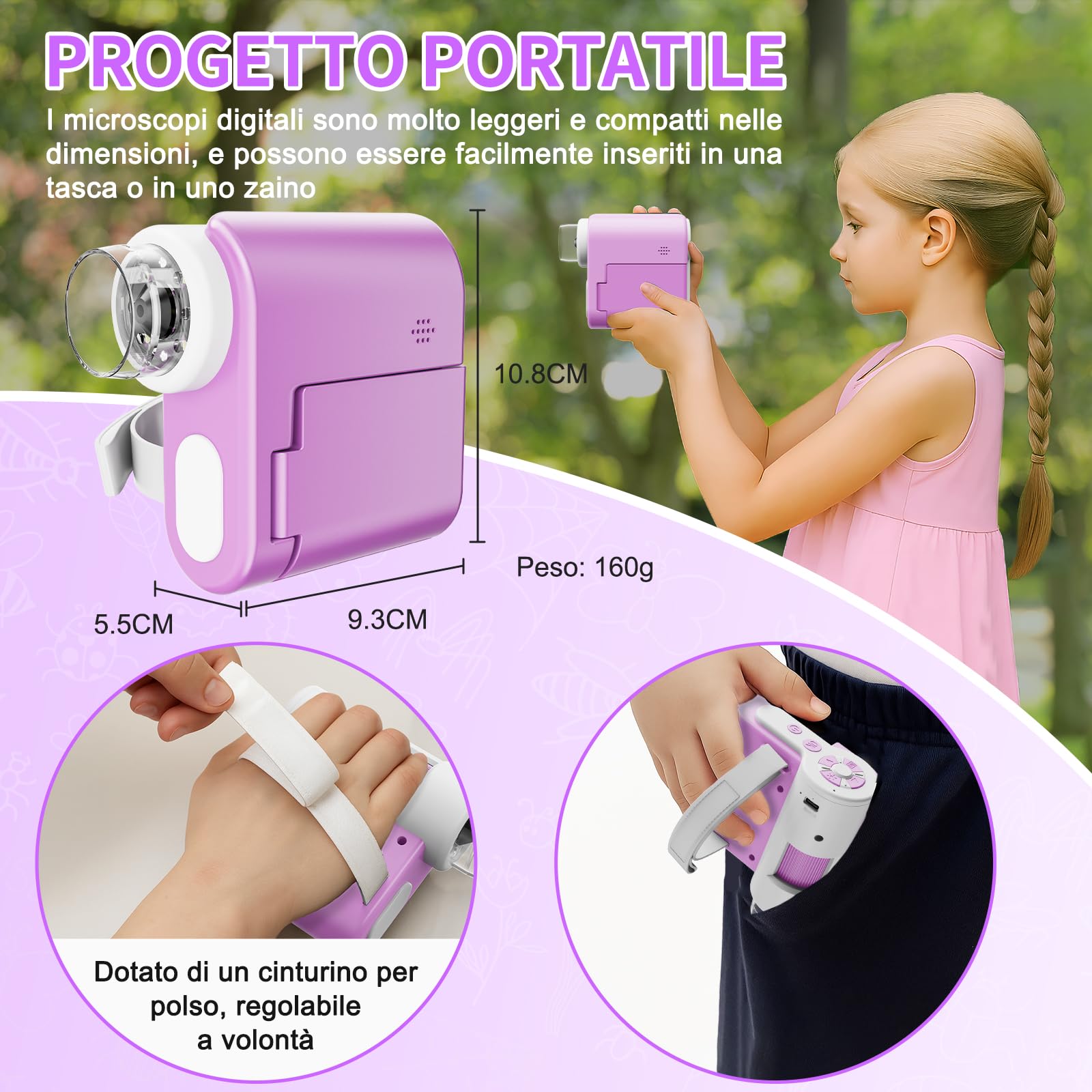 USCAMEL Microscopio Digitale Portatile per Bambini: 1000x ingrandimento, schermo HD da 2 pollici, connessione USB, Attrezzo educativo microscopio portatile per bambini età 7-12 anni (Viola)