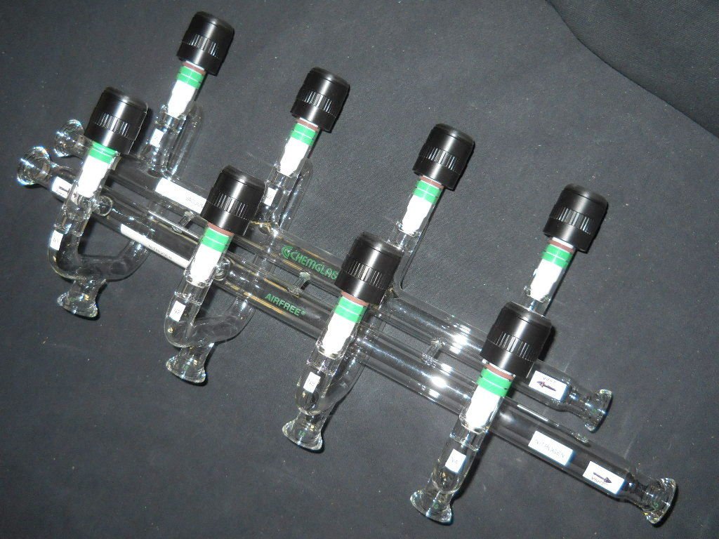 Chemglass AF-0062-02 Series AF-0062 Vacuum Manifold, Airfree, Schlenk, Inert Gas, Souza, Double Bank, 4-Port, 500 mm Length