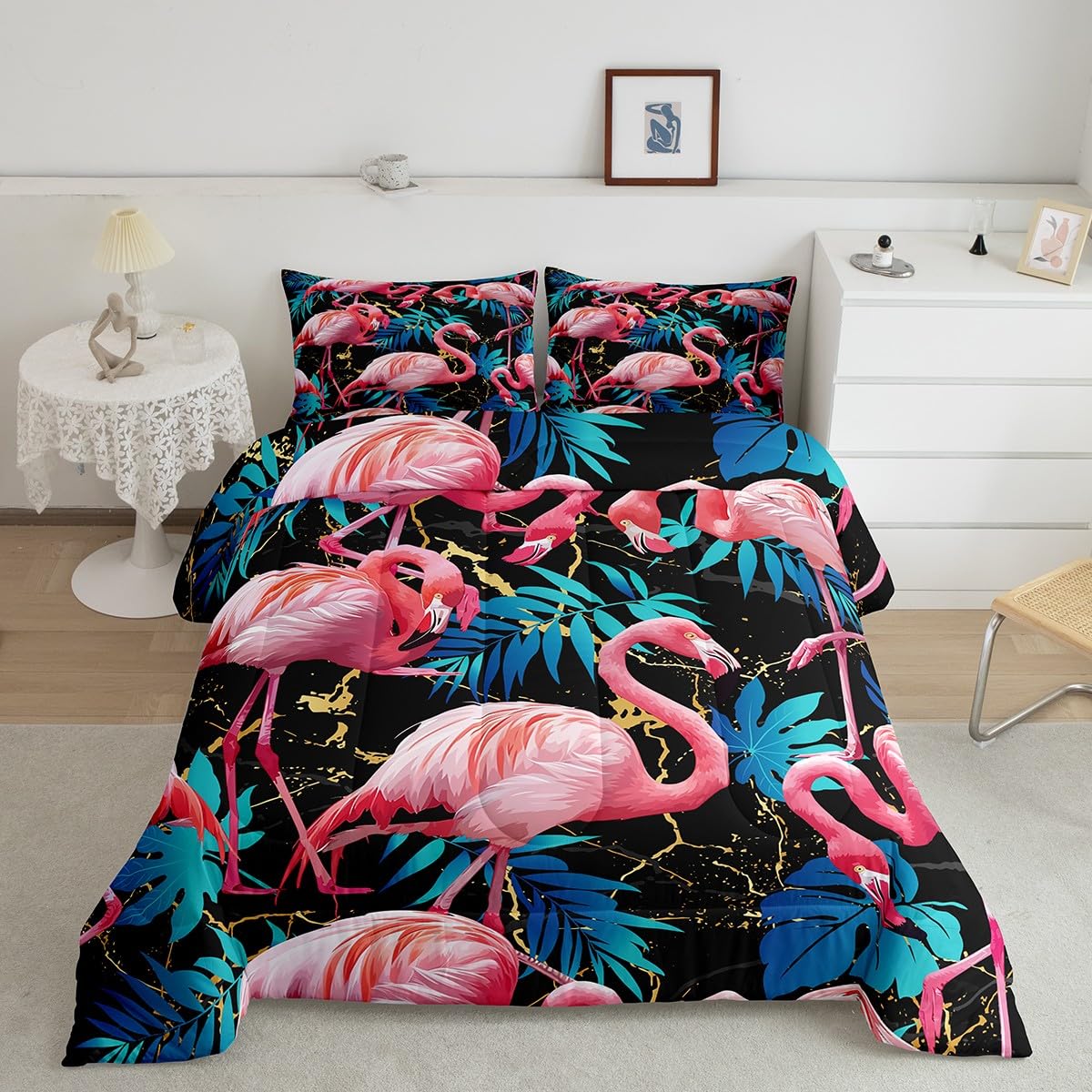 Castle Fairy Pink Flamingo Bedding Set,Tropical Animals Comforter,Blue Palm Leaves Home Decor,Golden Black Marble Artwork Duvet Duvet Cover Size 3Pcs,Birthday Gift,No Comforter