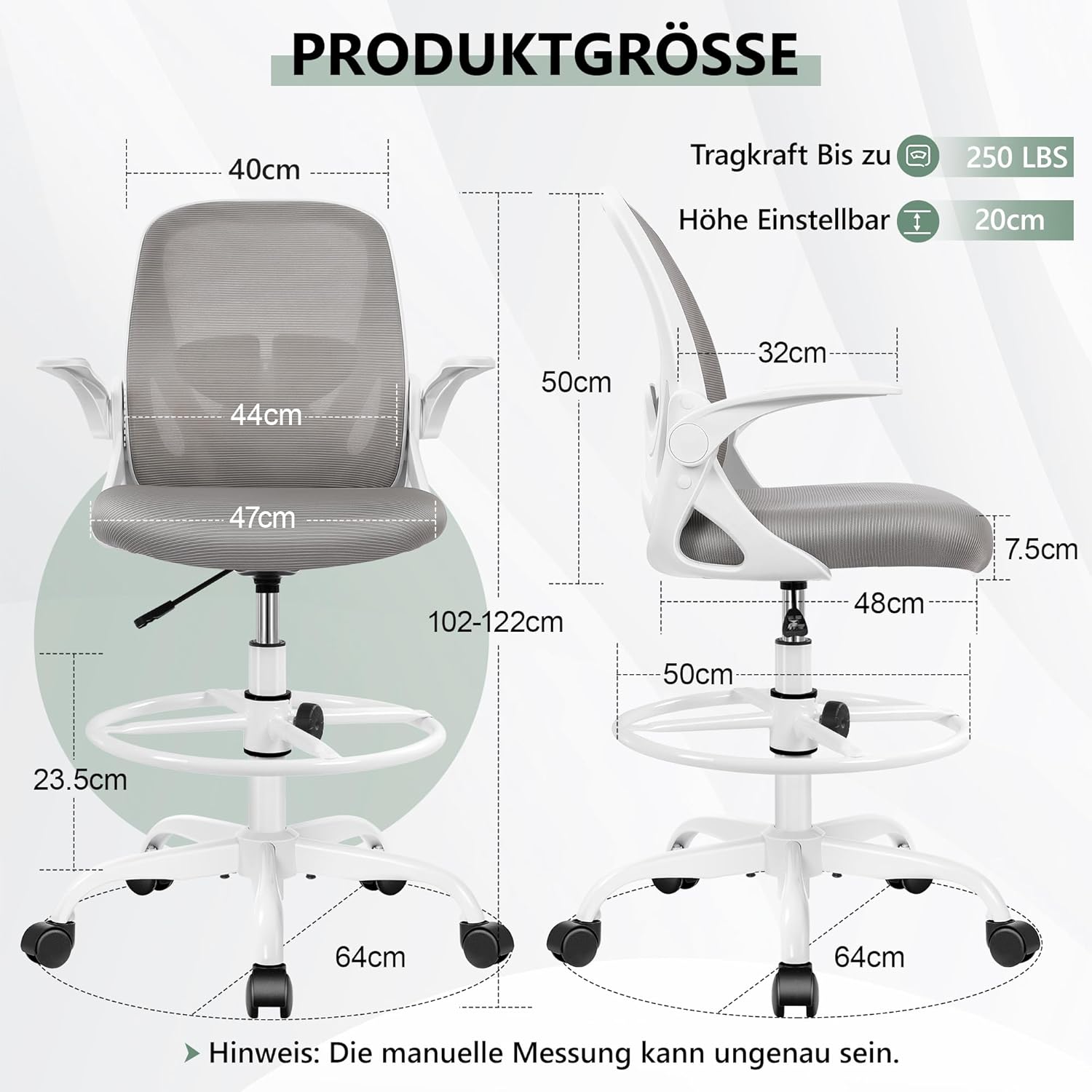 Diagram showing the dimensions of the Primy Ergonomic Office Chair.