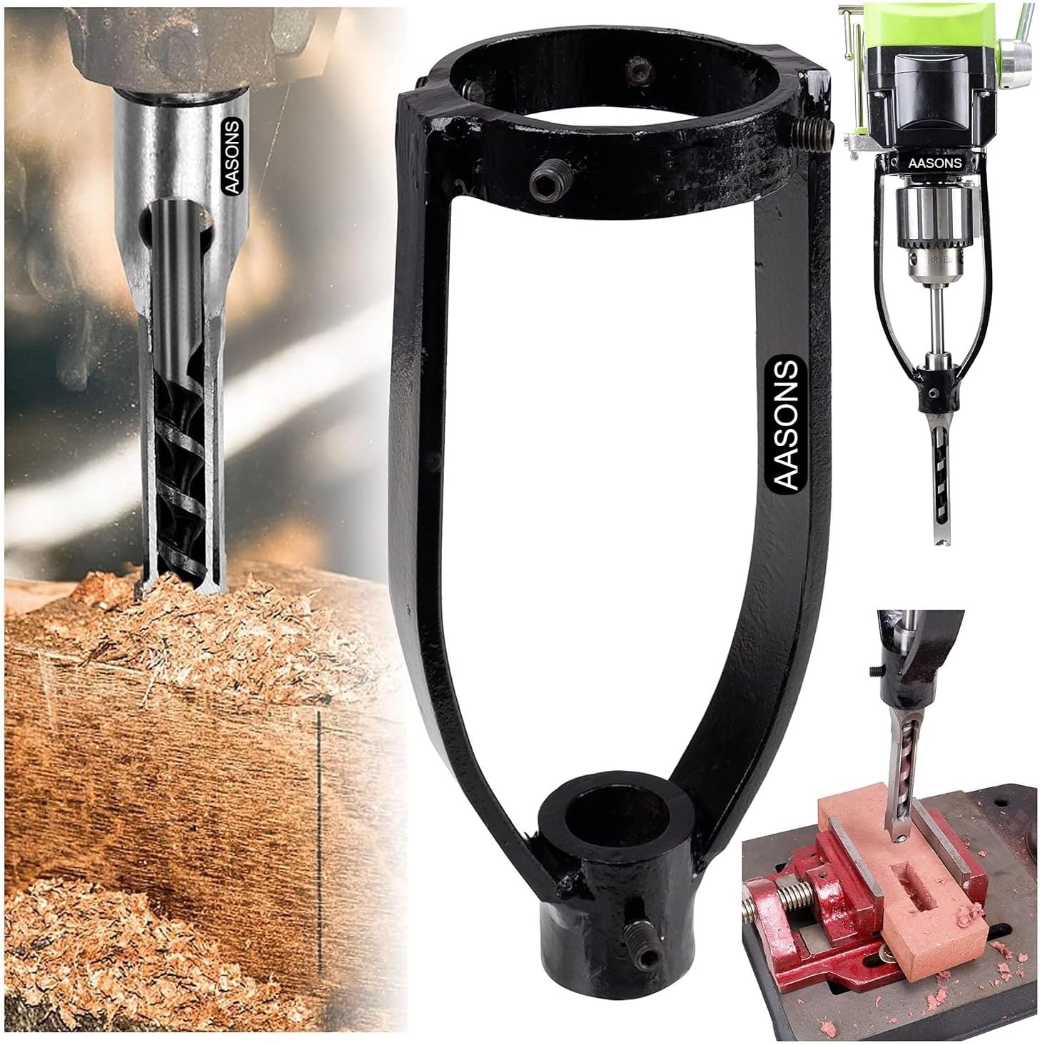 Square Hole Drill Bit Wood Mortising Chisel Tenoning Attachment Jig For Woodworking Auger Tool Bench Stand Drill Mortise Drilling DIY Machine Tenon Bracket Sleeve Holder (Adaptor, Universal)