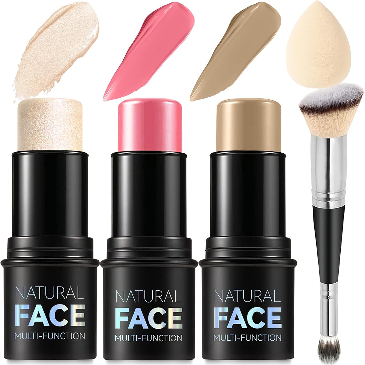 3Pcs Cream Contour Stick Makeup Kit, Shades with Highlighter, Blush and Bronzer Contour Stick for Sculpt the Cheeks, Long Lasting, Waterproof, Matte & Dewy Finish (E)