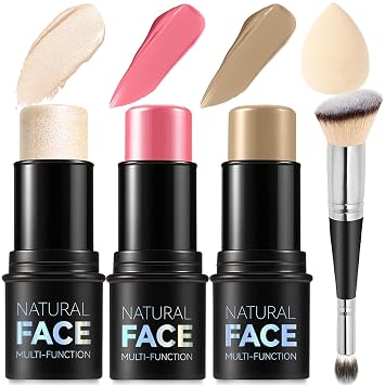 3Pcs Cream Contour Stick Makeup Kit, Shades with Highlighter, Blush and Bronzer Contour Stick for Sculpt the Cheeks, Long Lasting, Waterproof, Matte & Dewy Finish E