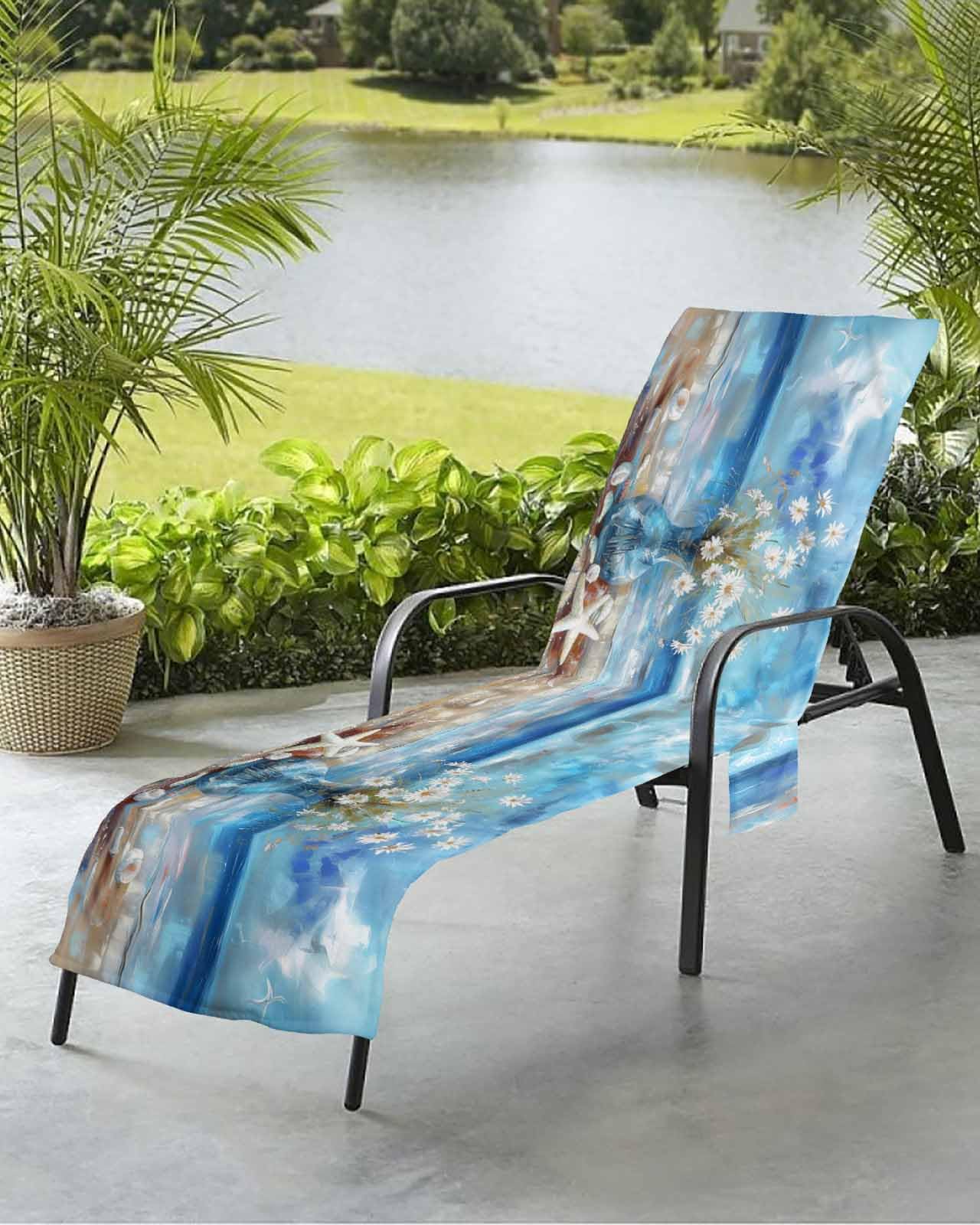 Floral Blue Beach Chair Towel Covers for Chaise Lounge with Side Pocket, Soft Plush Pool Towels Cover for Patio Sunbathing Outdoor 29''x85'' Abstract Coastal Daisy Painting Ocean Starfish