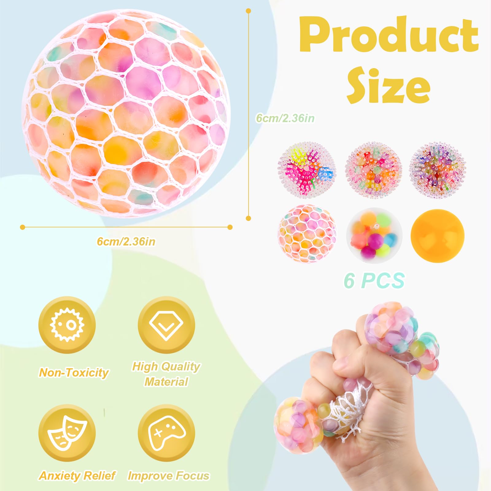 Lot De 6 Balles Anti-stress – 6 Cm – TPR Avec Billes De Cristal – Texturées, Ergonomiques – Soulagent Anxiété Et Douleurs – Pour Adultes Et Enfants