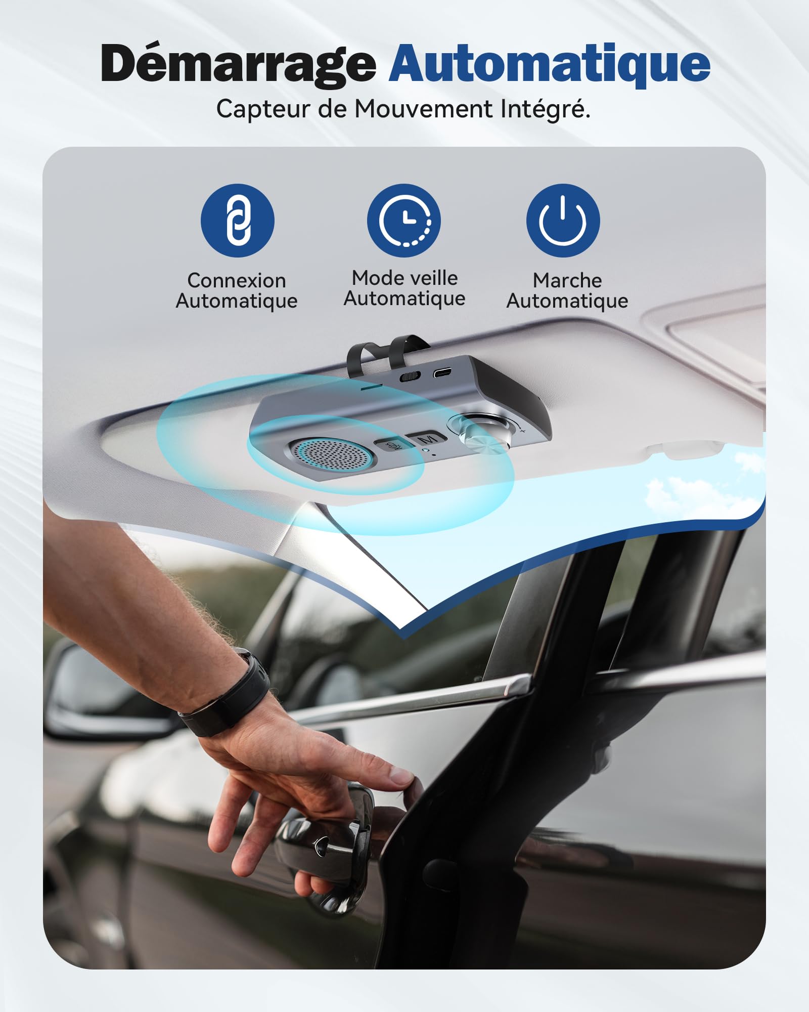 AGPTEK Kit Main Libre Voiture Bluetooth 5.3, GPS Haut-Parleur Micro Musique avec Bouton de Volume Assistant Siri&Google Auto Reconnexion, Enceinte Voiture Pare-Soleil 800mAh Slot Carte TF