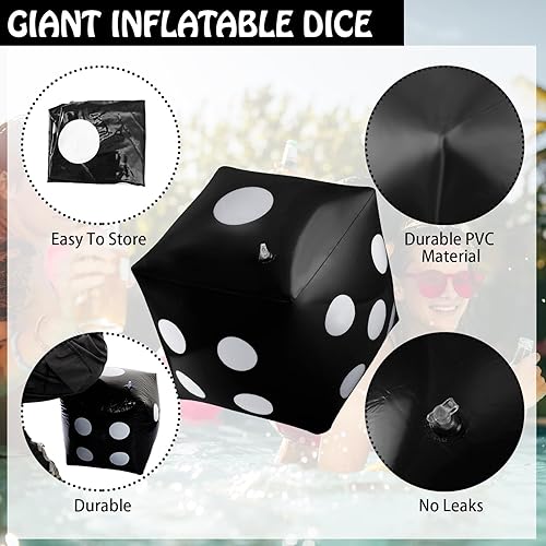 Miniatura 8 de Paquete de 3 dados inflables gigantes gigantes, dados inflables grandes para juegos en la piscina, juguetes para fiestas (negro, 20 pulgadas)
