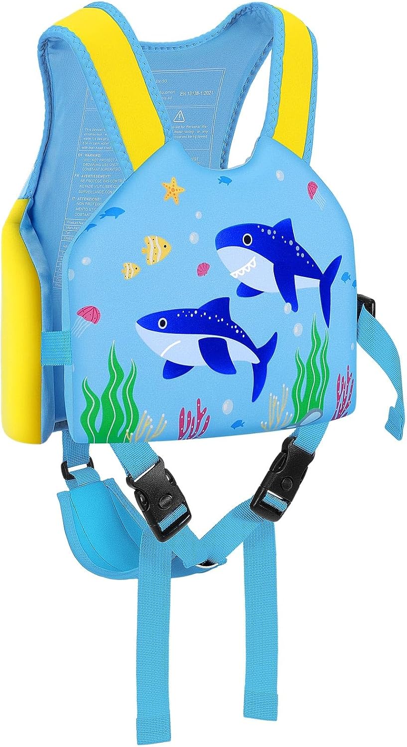 MoKo Swim Vest for Kids - Swim Floats Jacket for 2-3-4-5-6 Years (22-30-50-66LBS), Toddler Floaties Water Activity Equipment,Kids Pool Floats Vest with Adjustable Crotch Strap, Blue-Yellow Shark