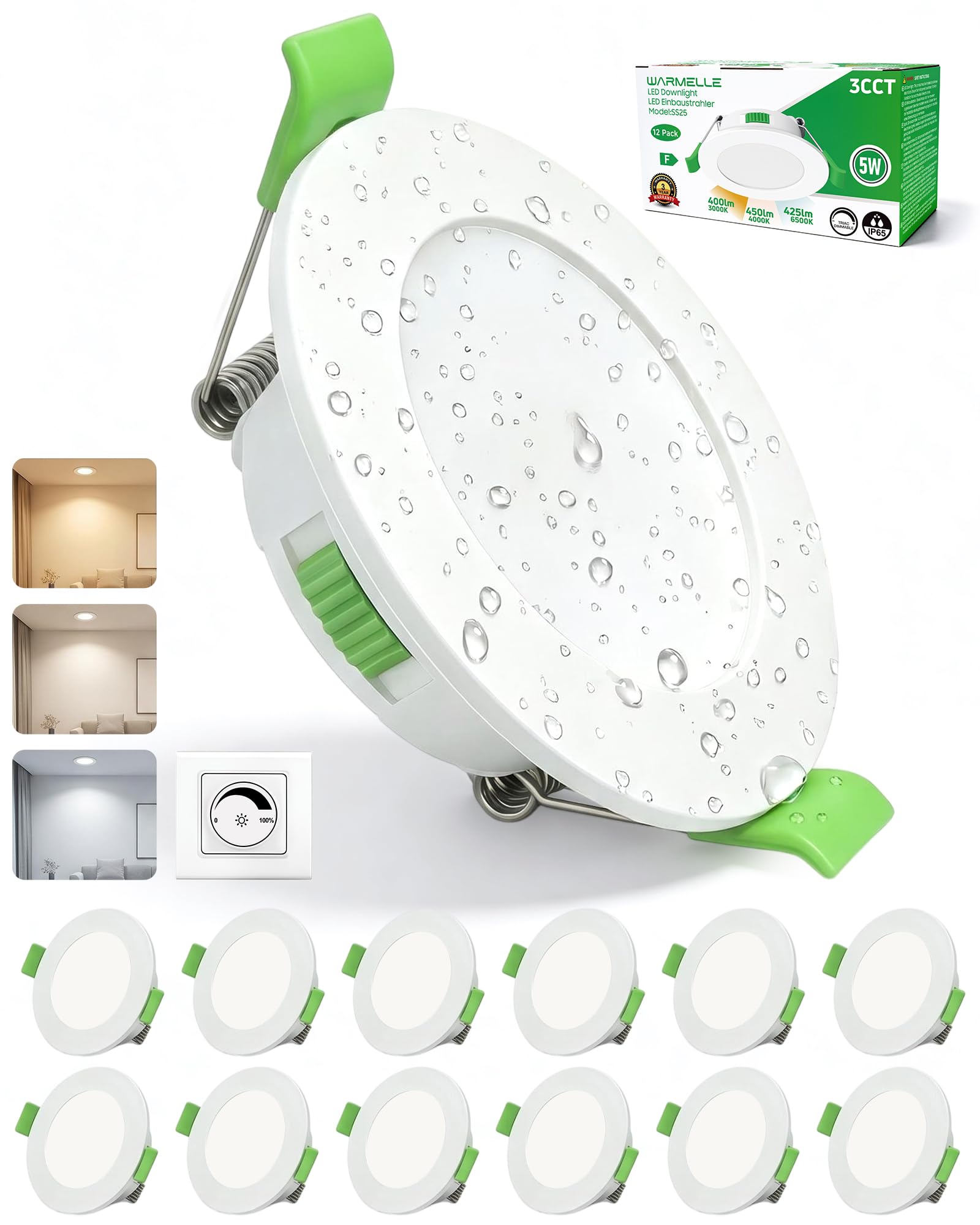12er Set LED Einbaustrahler 230V, IP65 LED Spots Dimmbar, Deckenspots mit 3000K/4000K/6500K, 5W, 400-450 Lumen, CRI>80, für Badezimmer, Küche, Wohnzimmer, Lochmaß Φ75-85mm, Weiß