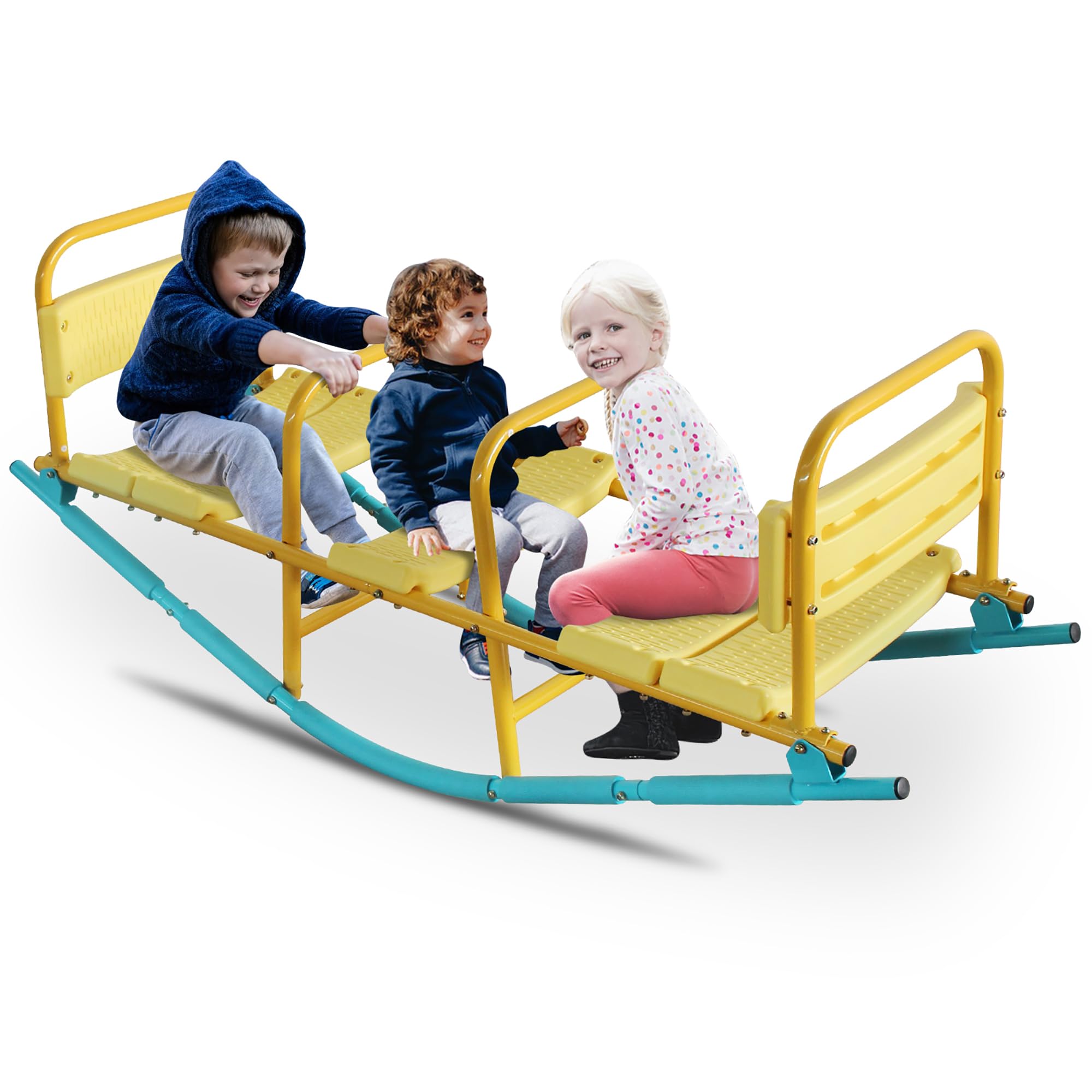 Balançoire à Bascule 3 Places, Dossiers et Poignées, Trébuchet en Métal pour Jardin, Salon, École – Assise Confortable, Anti-Rouille–Balancoire Exterieur avec 3 Sièges pour Enfant 3-8 Ans