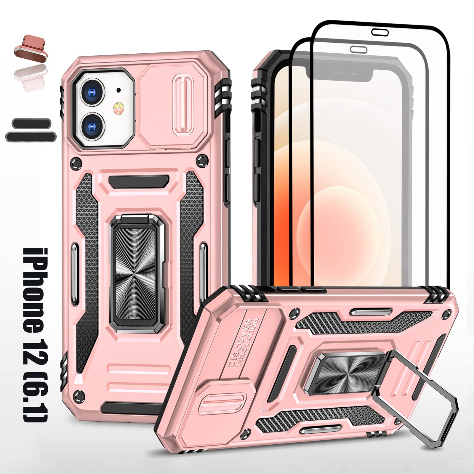 LMDAMZ Heavy Duty Case for Apple iPhone 12, Military Grade Dual Layer Hybrid Cushioning Rubber Bumper Protector with Slide Camera Protector, Built-in