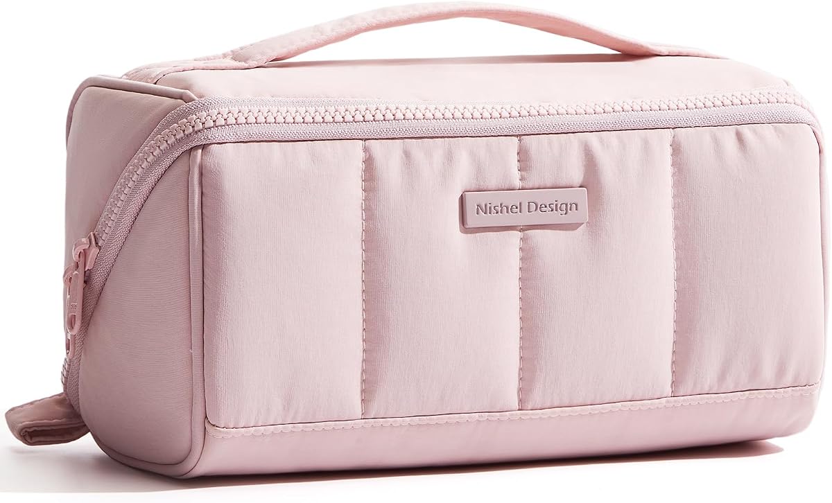 Travel Makeup Bag for women, Organizer Pouch Cosmetic Case | Open-flat design keeps cosmetics, brushes, and beauty tools organized for travel and daily routines, Medium, Pink