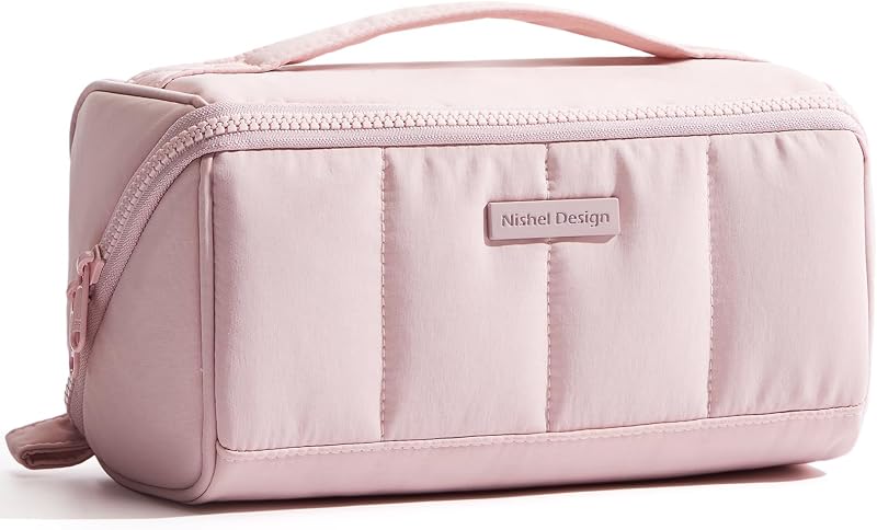 Travel Makeup Bag for women, Organizer Pouch Cosmetic Case | Open-flat design keeps cosmetics, brushes, and beauty tools organized for travel and daily routines, Medium, Pink