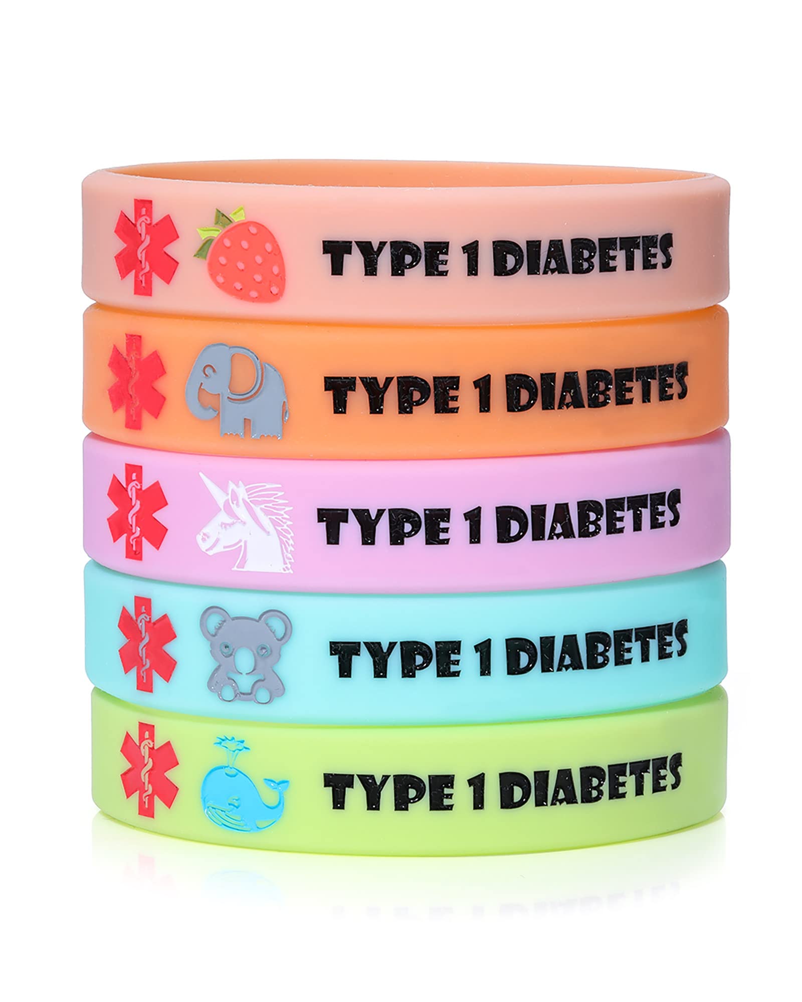 Type 1 Diabetes Bracelet, 5 Pcs Macaron Color Silicone Diabetic Bracelet, 6.7 Inches Pre-Engraved Cartoon Medical Alert ID Bracelets for Women Men