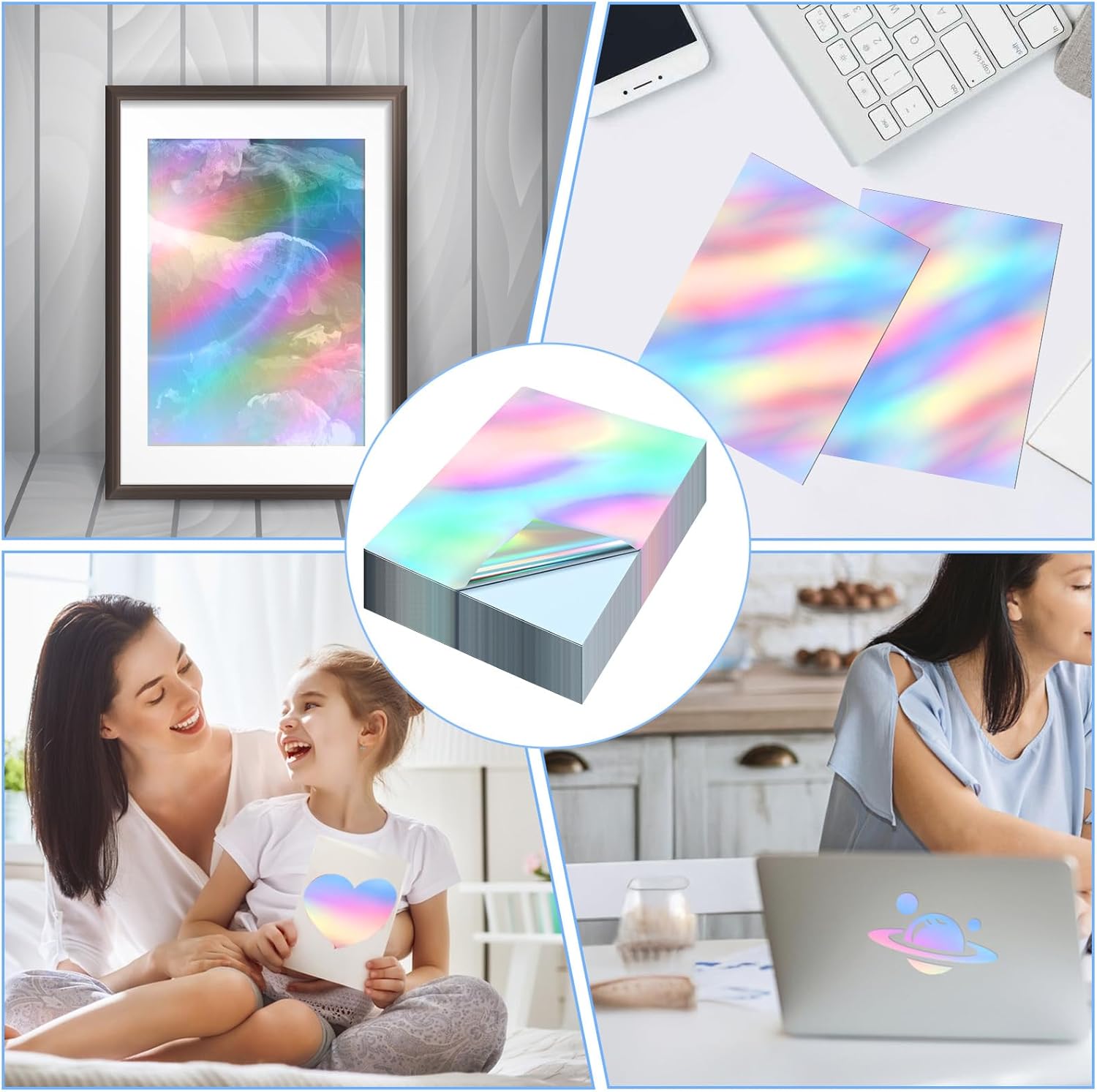 120 Sheet Holographic Sticker Paper, 8.5 x 11 Inch Printable Vinyl Sticker Paper for Laser Printer, Rainbow Holographic Overlay Printer Stickers, Waterproof Self Adhesive Laminating Sheet