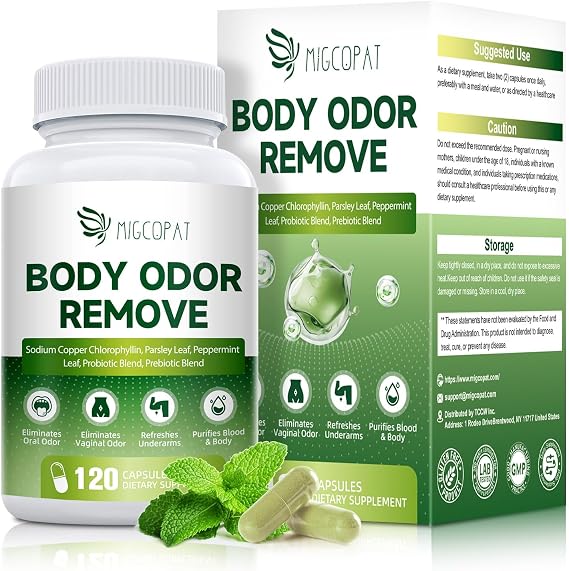 Chlorophyll Body Deodorizing Supplement with 10 Billion CFU Probiotic, Vitamin C & E, Parsley, Peppermint, Green Tea, Prebiotics, Chlorophyll Capsules Supports Breath & Whole-Body Freshness, 120 Caps