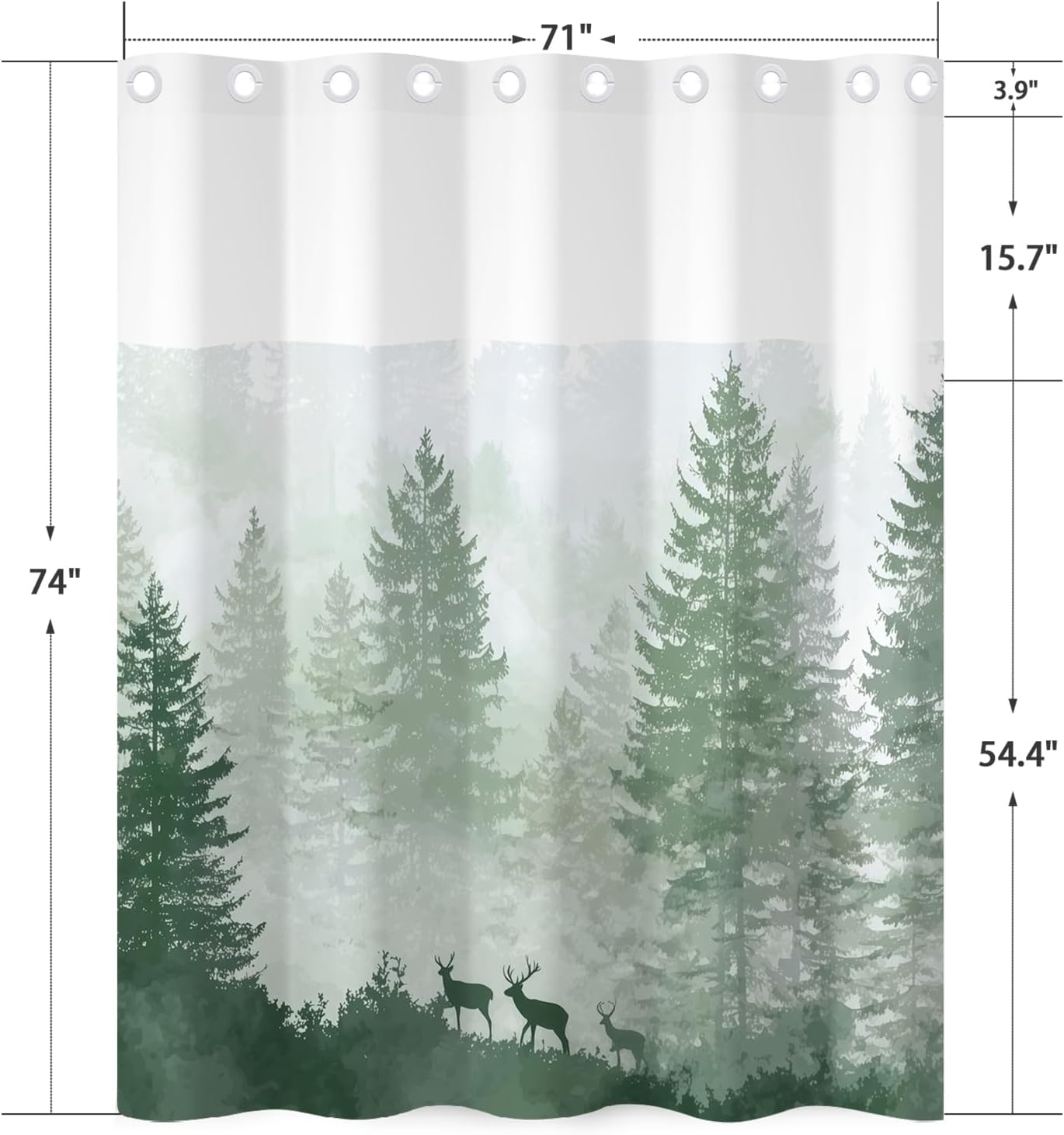 No Hook Forest Shower Curtain with Liner 71 x 74 Inch - Sage Green Forest Pattern, Waterproof Fabric Bath Curtain with Mesh Top for Modern and Rustic Bathroom Decor