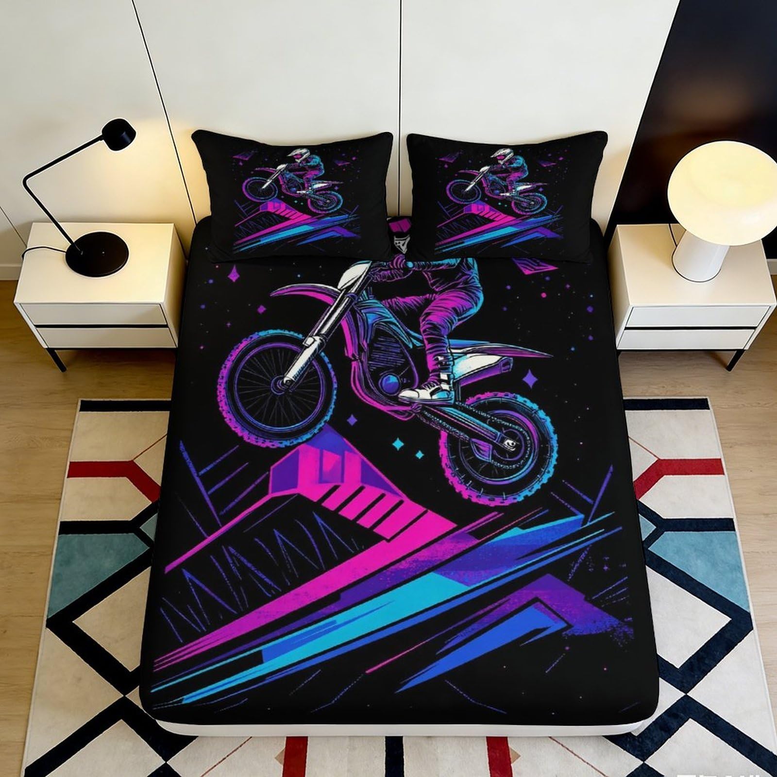3D Printed Neon Motocross Fitted Sheet Microfiber Durable Soft Black Bed Sheet with Dirt Resistant Design Mattress Cover for Bedroom Dormitory Guest Room 180x200x25cm