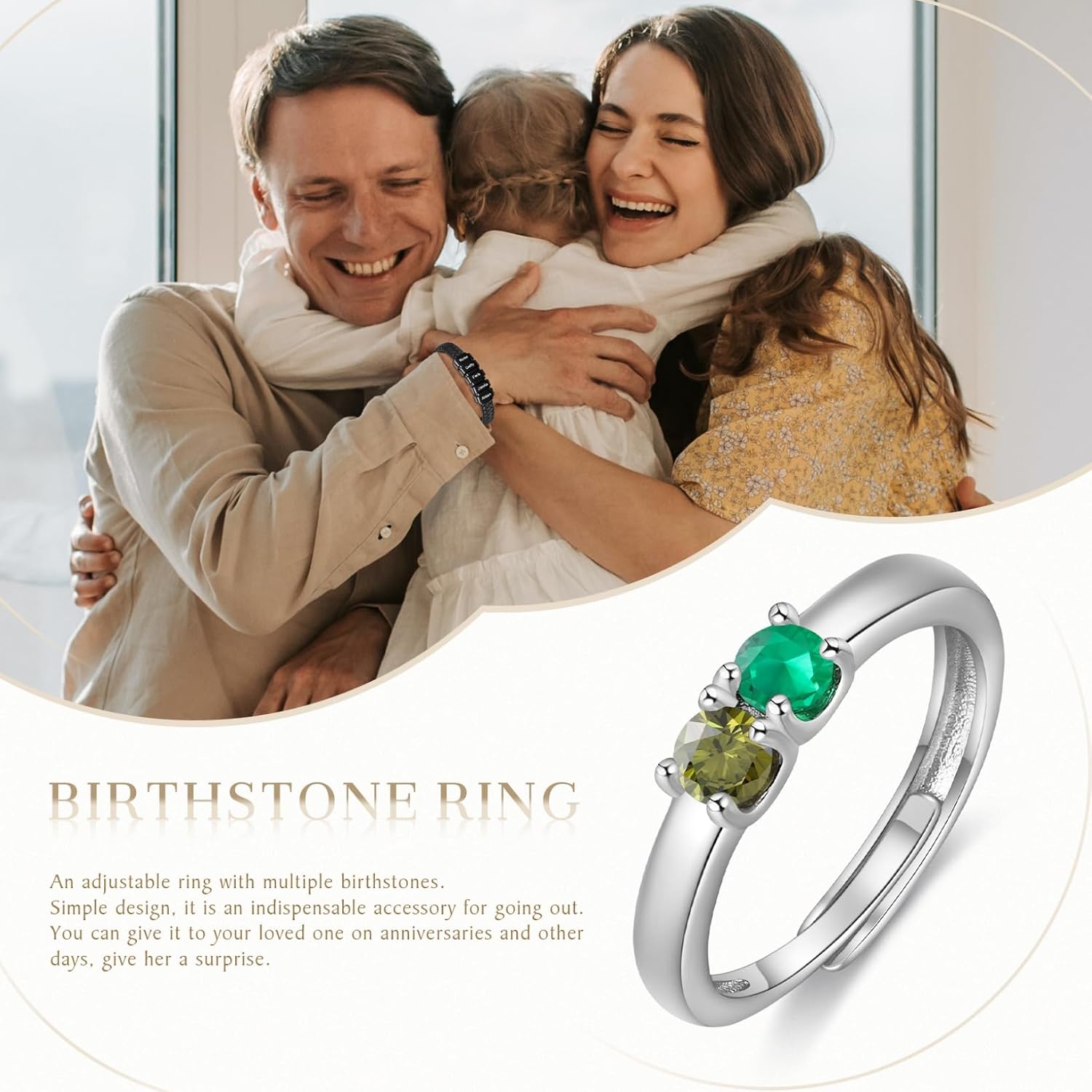 LucySky Personalized Round Birthstone Rings for Women 925 Sterling Silver Adjustable Mothers Ring Custom Sparkling Stone Promise Ring for Her, Girlfriend,Wife
