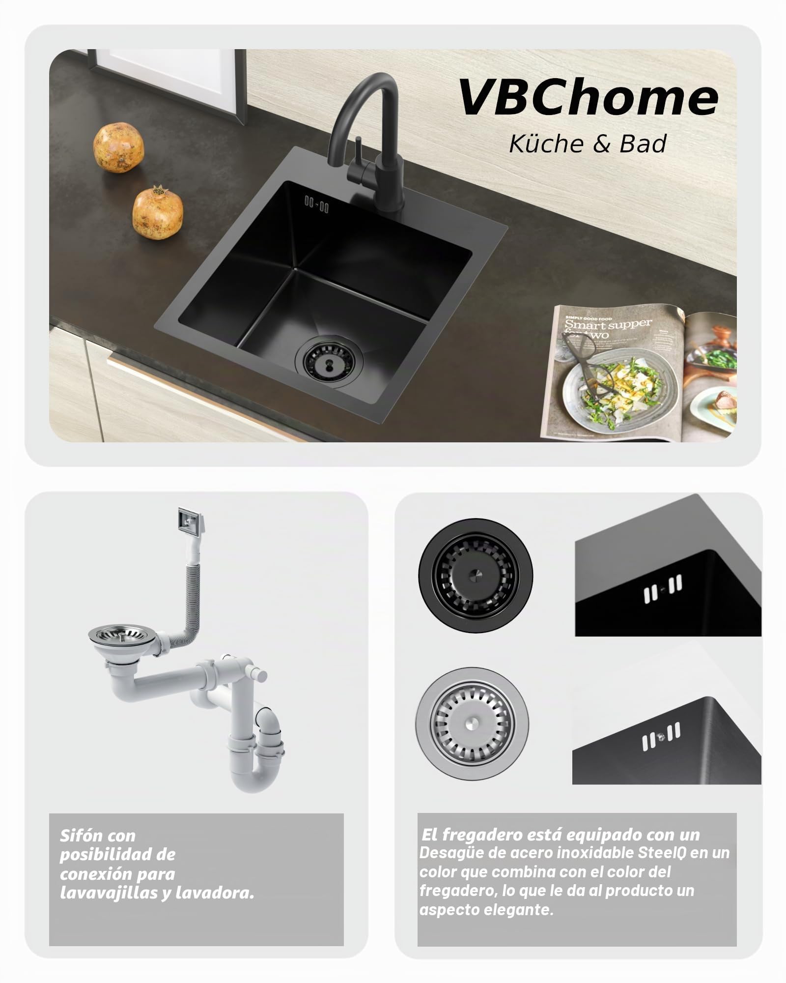 VBChome Fregadero de acero inoxidable con grifo, 50 x 45 cm, color negro, acero inoxidable, con orificio para grifo, fregadero grande, desagüe de acero inoxidable, color negro mate con caño flexible