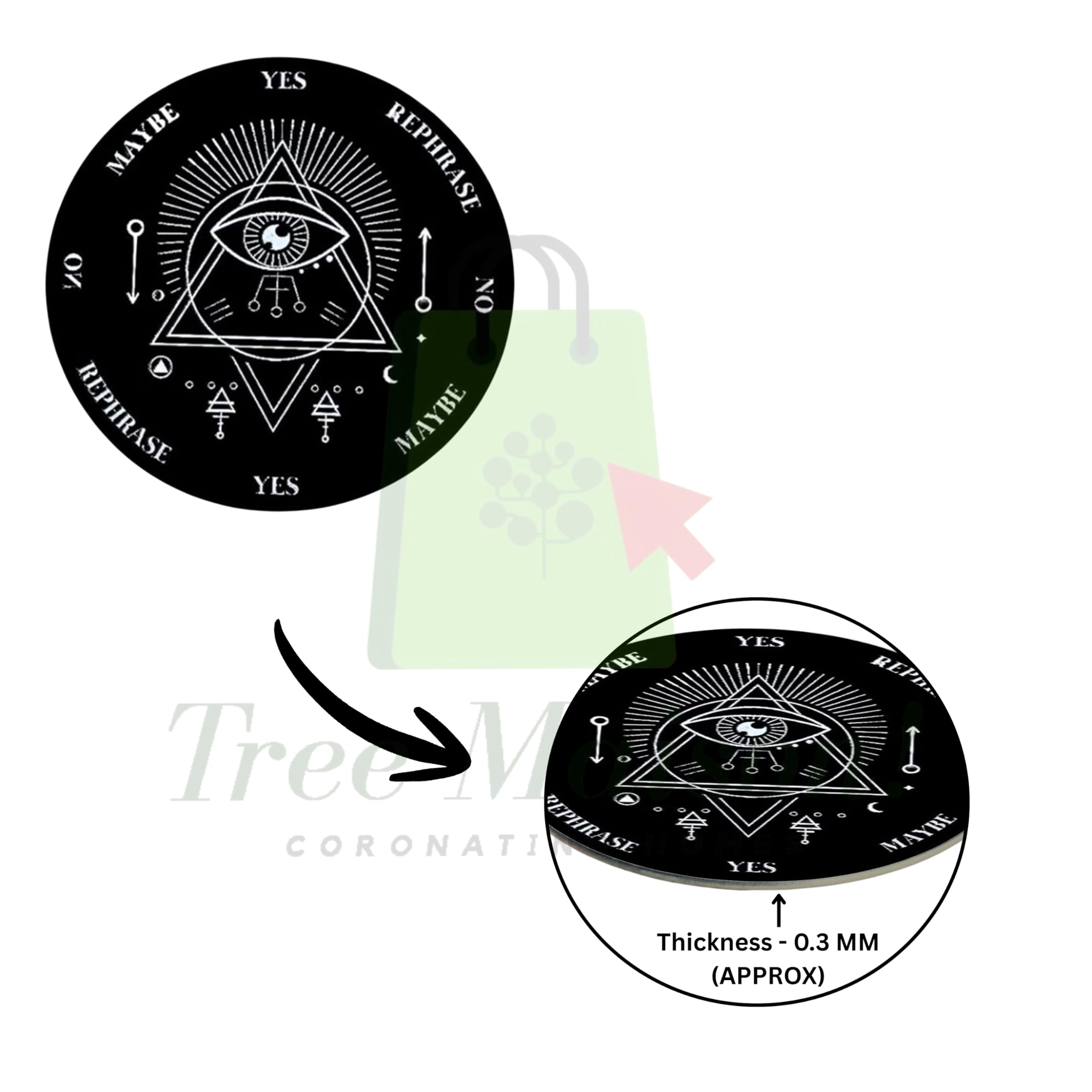 TREE MAISON CORONATING HOMES Vastu Acrylic Evil Eye Board | 9 inch | Dowsing Divination Board | with Brass Pendulum (Pendulum Assorted) 3