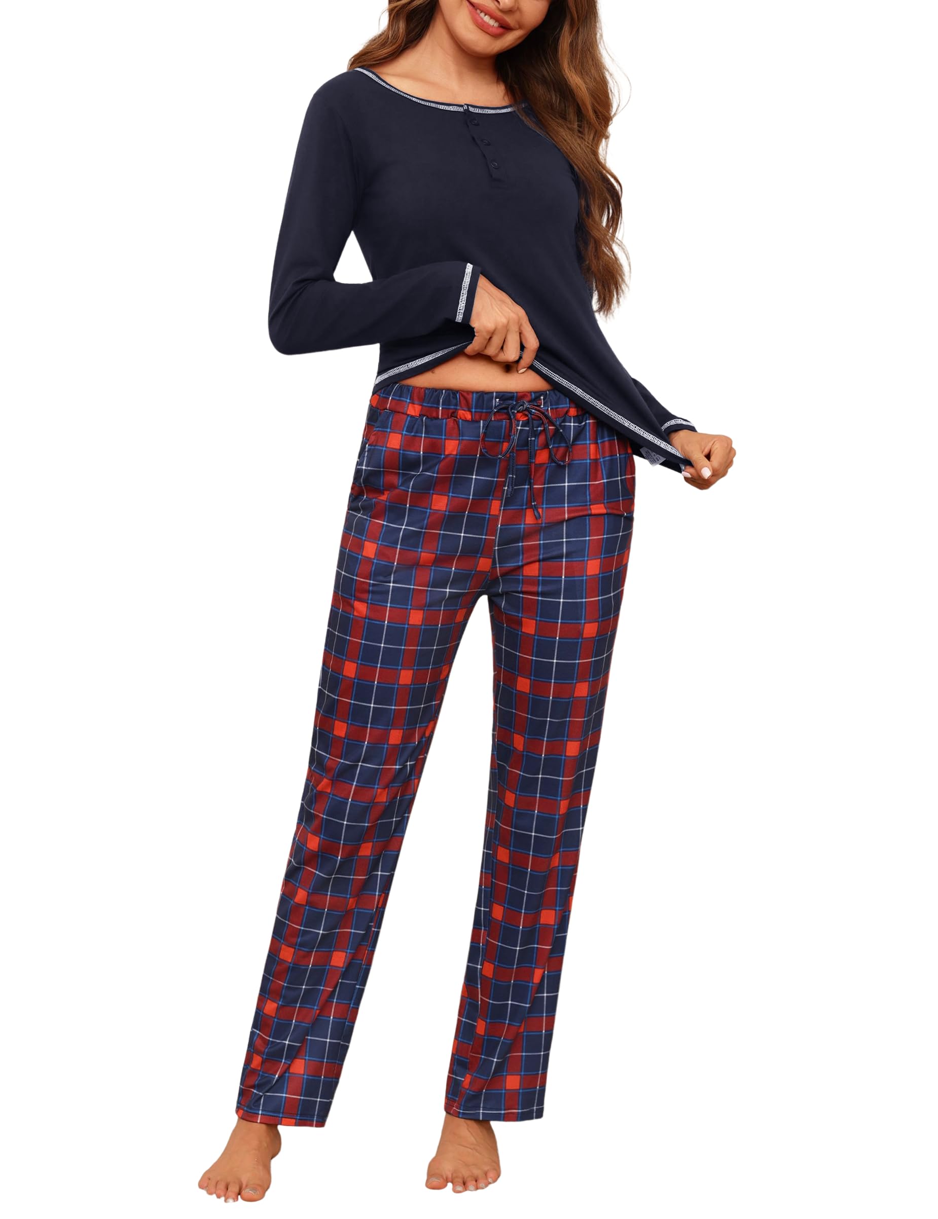 Litherday Pigiama Donna Invernale Cotone Pigiami da Donna Lungo Pigiami Due Pezzi da Donna Pigiama a Manica Lunga Pantaloni Lunghi con Tasche Morbido e Confortevole S-XXL