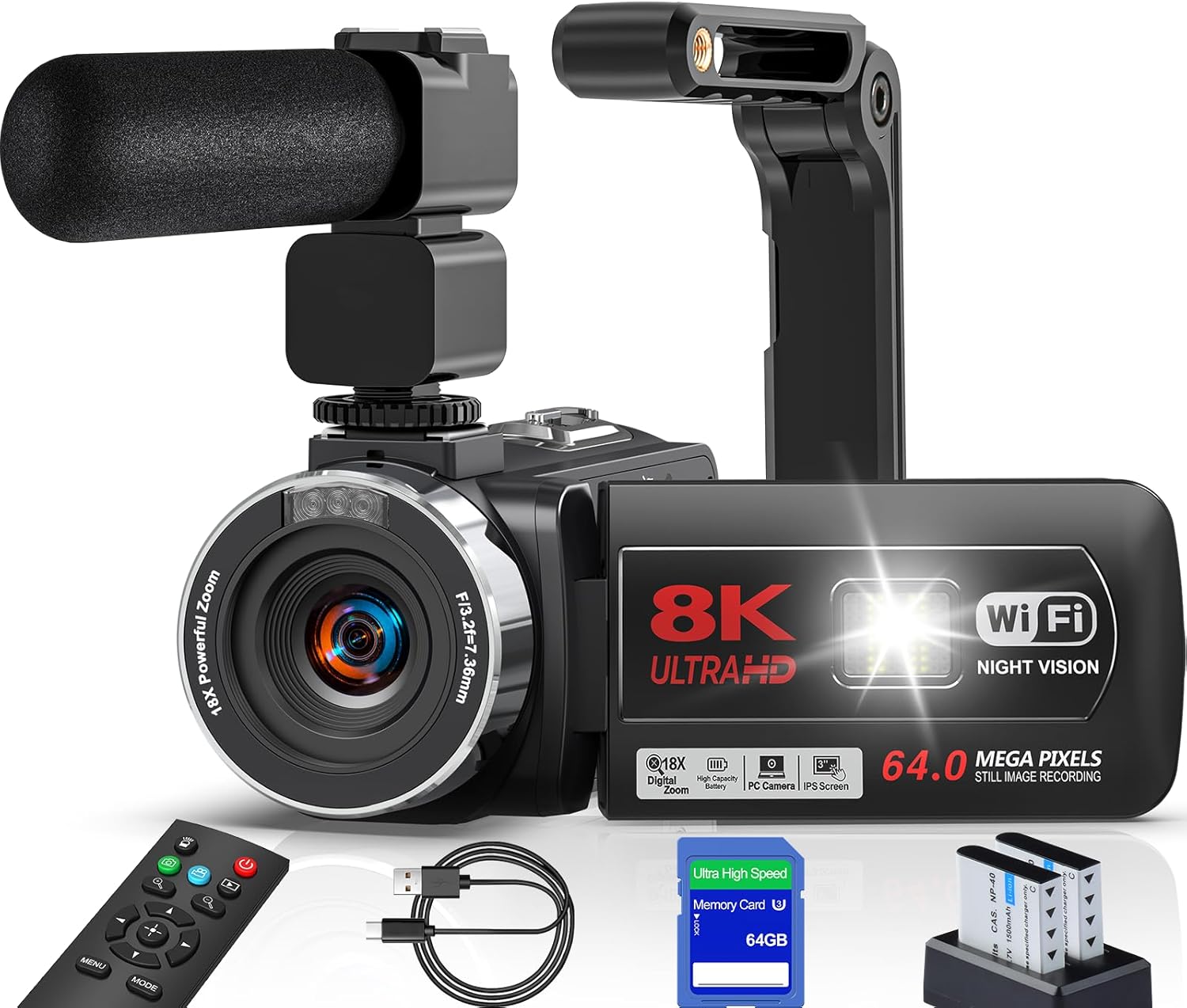8K 64MP Video Camera Camcorder IR Night Vision Vlogging Camera 18X Zoom WiFi Digital Camera for YouTube 3.0” Touch Screen Camcorder with 64GB SD Card, 2 Batteries, Remote Control, Mic and Stabilizer