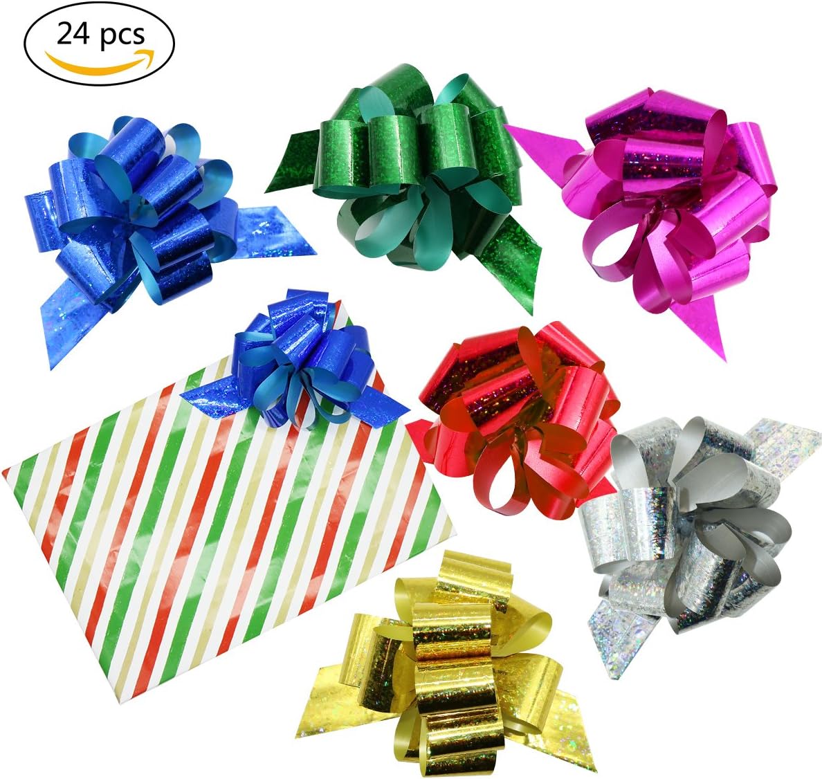 24PCS Gift Pull Bows- 4" Wide,6 Colors Gift Wrapping Christmas Wedding Valentine's Day Present Decoration Pull Bows