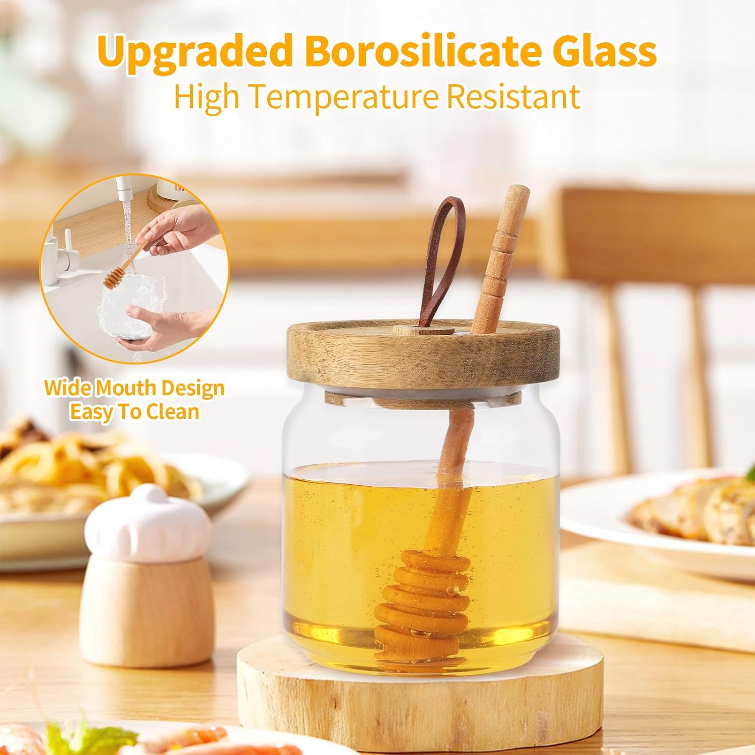 Honey Jars with Dipper, 17 oz Airtight Glass Honey Dispenser with Acacia Lid Cover for Storing Honey and Syrup,Home Kitchen Gifts for Women, Moms, and Friends