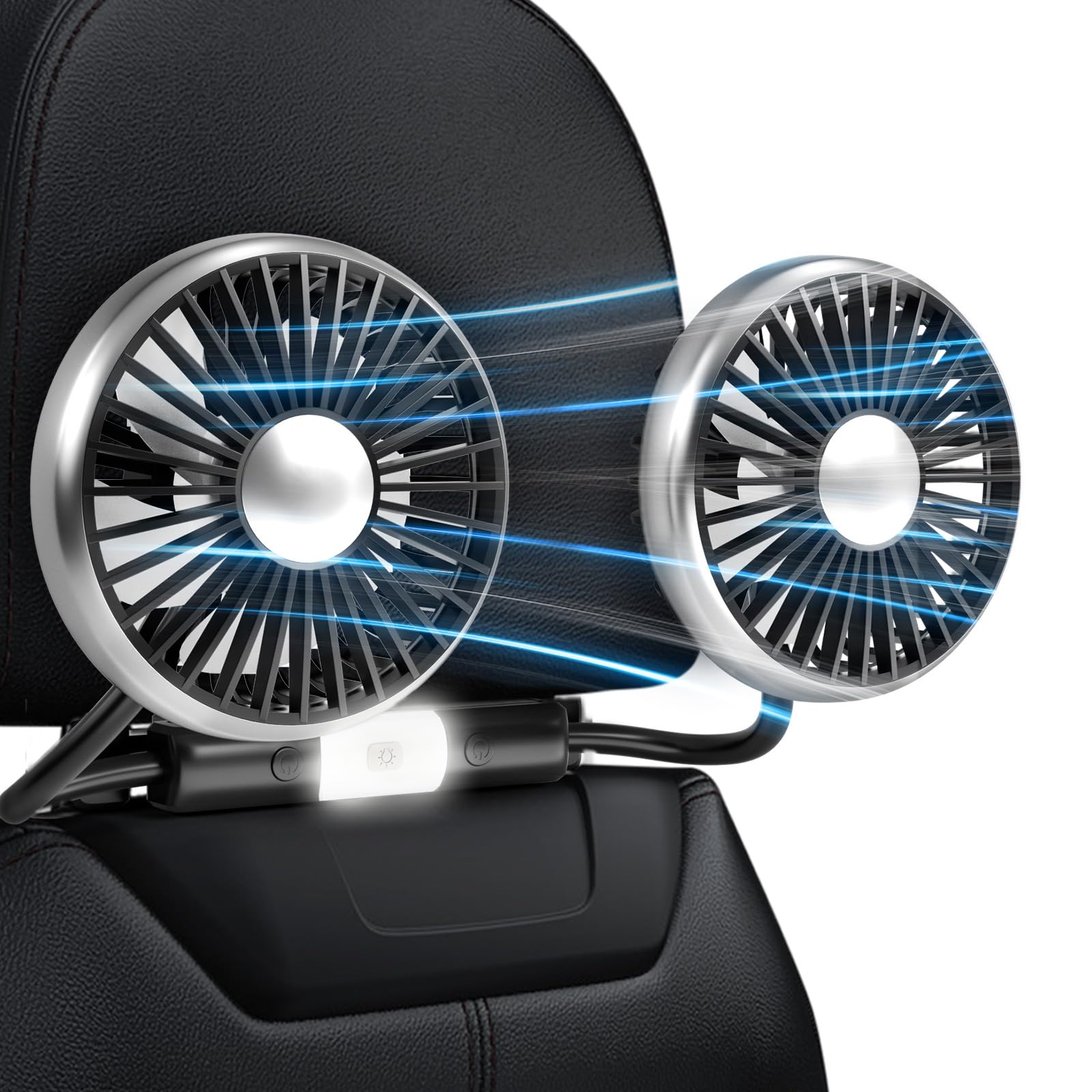 Dealswin Car Fan for Backseat, Dual Head Hose Car Seat Fan with Lights, Portable USB Fan for Car, 3 Speeds and 360 Degree Rotatable Cooling Car Fans for Vehicles RV SUV Truck, D-CZFS-2
