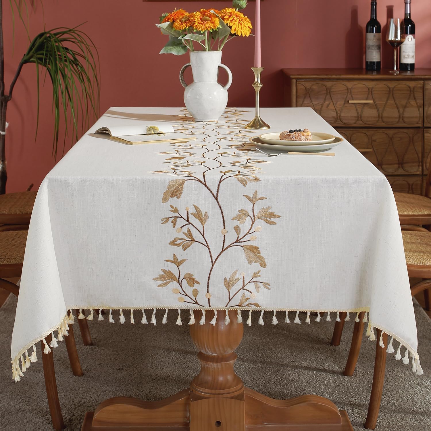Laolitou Washable Table Cloth Square 140x140cm Water Resistant Cotton Linen Fabric Tablecloth Table Cover For Kitchen Dinning Tabletop Decoration (Coffee Flowers, 4 Seats)
