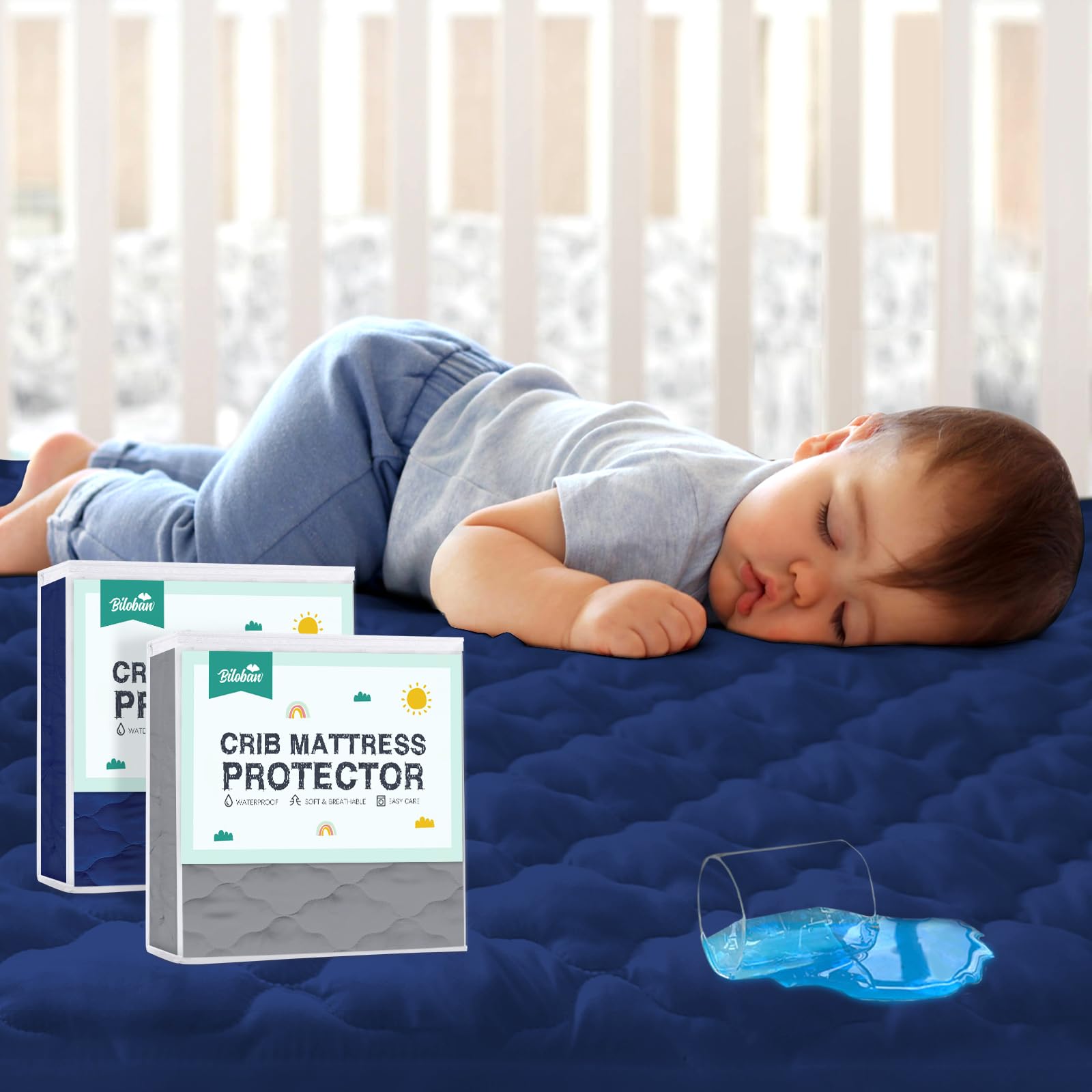 2 Pack Crib Mattress Protector Sheets Fitted Waterproof Crib Mattress Pad Cover, Noiseless & Machine Wash 100% Absorbent Toddler Mattress Protector Sheet Quilted, Gray&Navy, 52" x 28"